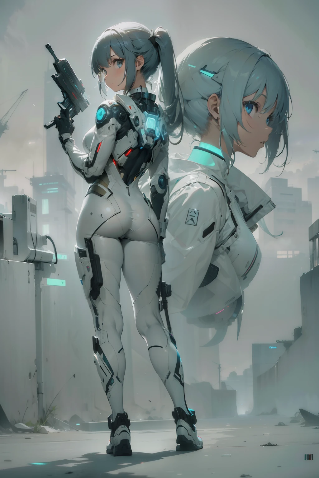 Girl from the back holding a futuristic gun, realistic and intricate beautiful face girl in realistic sci-fi plugsuit outfit in neon-lit, masterpiece, 4k, UHD, sharp focus, cinematic illumination, midnight aura, best quality