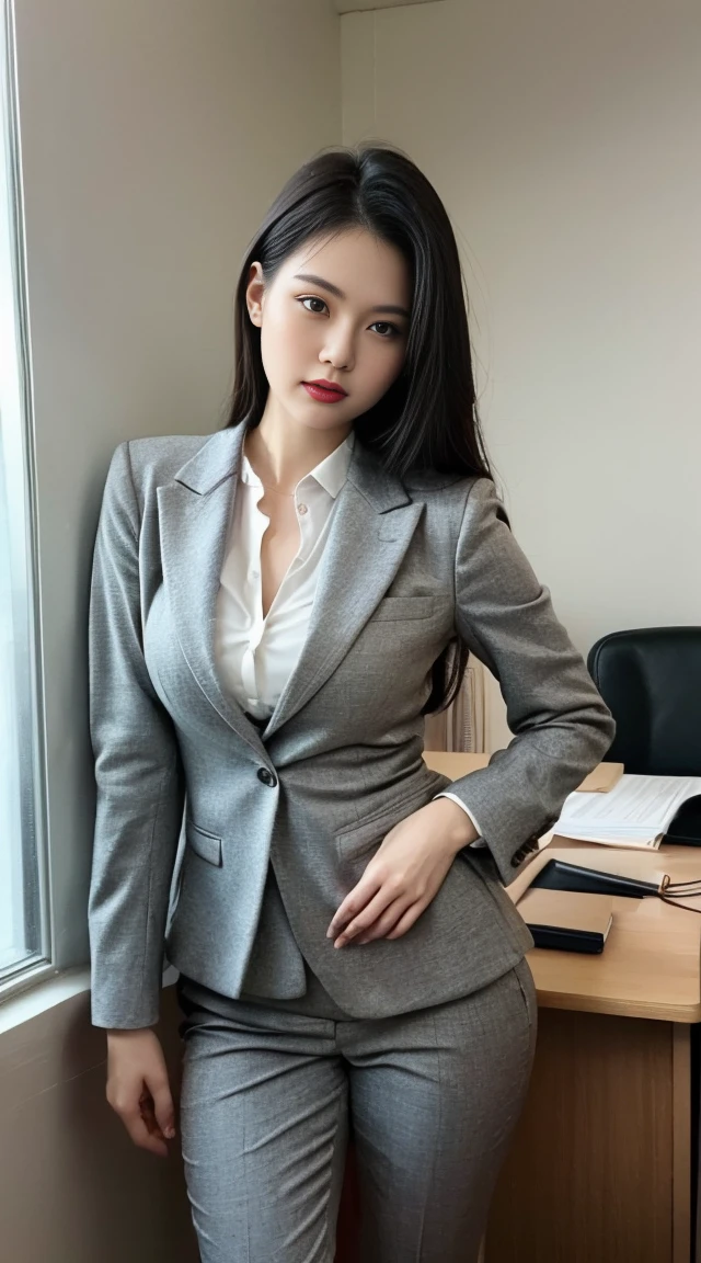 (Best quality, 8k, 32k, Masterpiece, UHD:1.2), 1girl, detailed skin, detailed eyes, narrow waist, grey suit, white shirt, office lady, suit, pants, from front, sitting on desk, office room, desk,  (stick out one's buttocks:1.2),