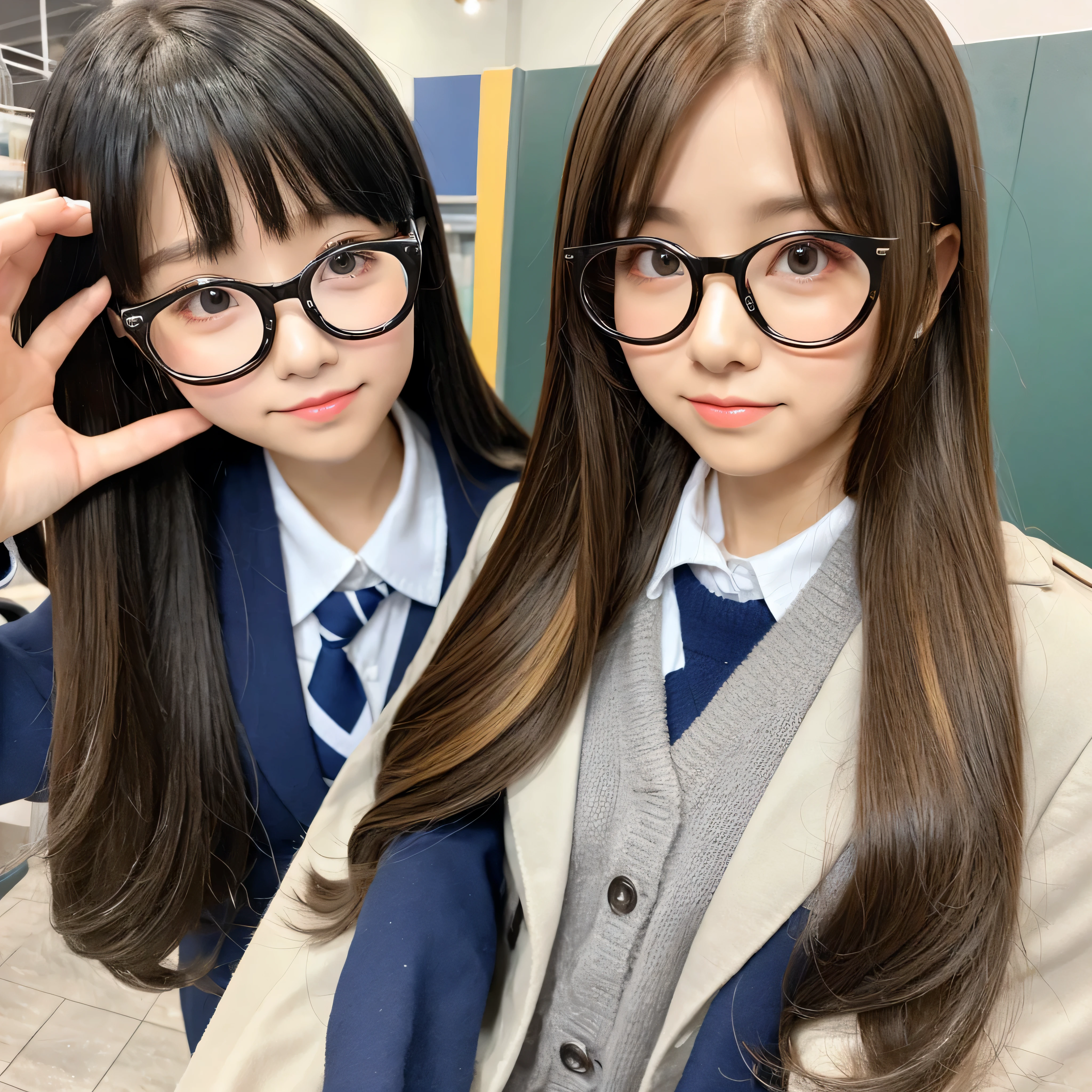 Cute glasses, colored contact lenses, elementary school girl