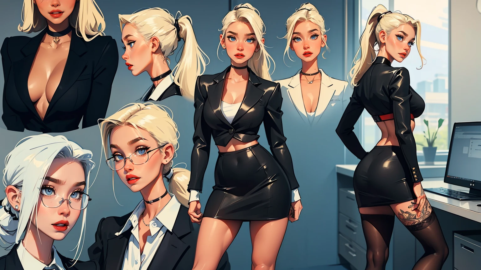 ((Masterpiece, Highest quality)), Detailed face, (character design sheet), full bodyesbian, Full of details, frontal body view, back body view, Highly detailed, Depth, Many parts, Multiple poses and expressions (young woman with ponytail blond hair) (light blue eyes), 20 years old, dominant gorgeous girl, same character, muscle body, (woman pale skin), swedish woman, evil smile, red lips, (business suit), girl tall, choker, (Sexy Office Lady ), tattoos, glasses, short black skirt, white shirt, pantyhose, large breast