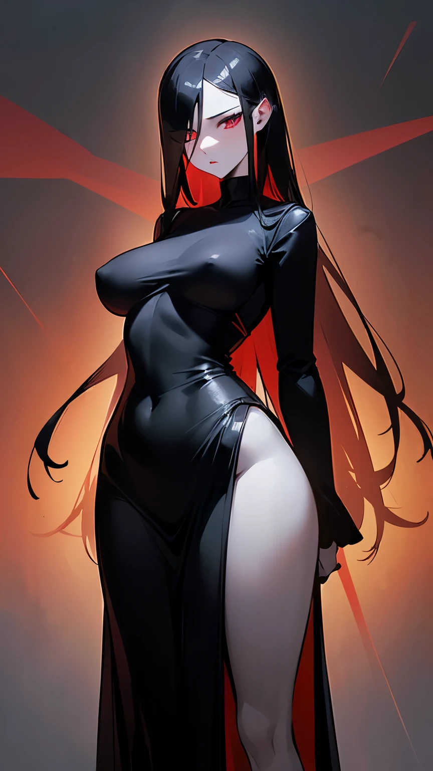 1 girl, (Masterpiece), dynamic lighting, dynamic colors, (scenery), best pose, (fantasy setting), female, (((milf, small head, small eyes, angular face, angular chin, long face, mature face, mature))), (human), (jet black colored hair, long sleek hair, sleek hair, scarlet red colored eyes, glowing eyes), sparkly eyes, (super expressionless, super expressionless eyes, super confident pose, super expressionless expression), (((long dress made out of black smoke, all black dress, black dress, full dress, covered))), (((big breasts))), ((tall, lengthy body, deathly pale, scarlet red lips, slim waist, slim)),