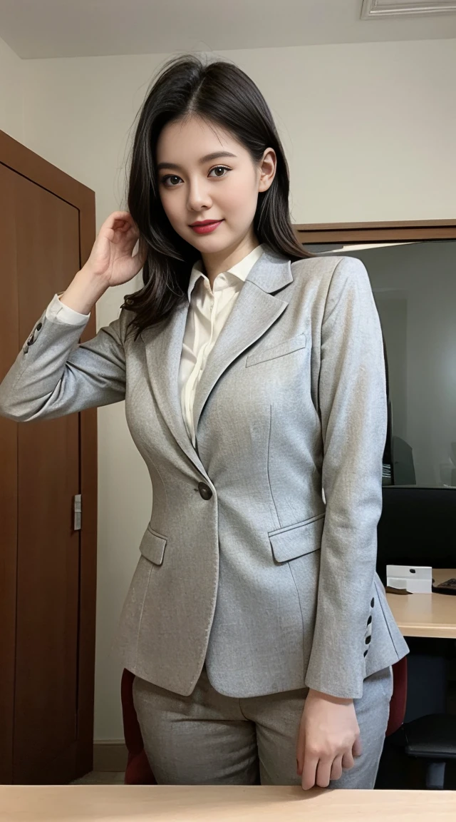 (Best quality, 8k, 32k, Masterpiece, UHD:1.2), 1girl, detailed skin, detailed eyes, narrow waist, grey suit, white shirt, office lady, suit, pants, from front, sitting on desk, office room, desk,  (stick out one's buttocks:1.2),