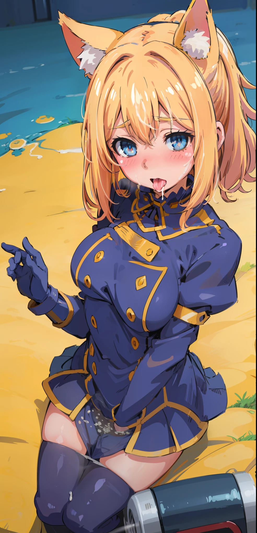 best quality, (masterpiece:1.2), detailed, medieval,
Rumia Tingel,
1girl, solo, ((blush)),
medium hair, blonde hair, short ponytail, blue eyes, green bow, x hair ornament,
(((cum on face, cum on breastlue eyes, ultra-detailed eyes))),
Dynamic pose, ((blush)), medium breasts,  medium hair,  background, perfect anatomy, healthy skin,  glowing eyes, cat ears, riding machine. ((Tongue, saliva)), medium breasts 