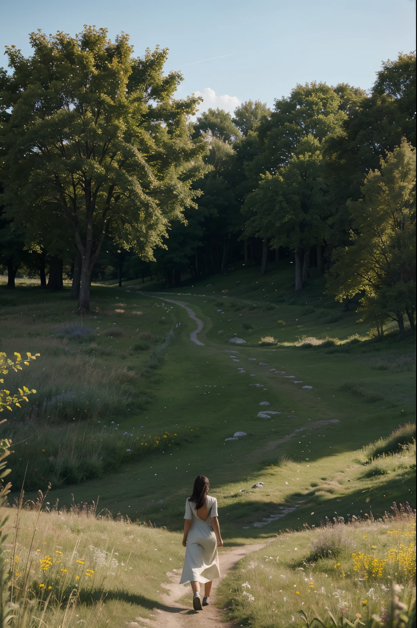 A photorealistic image of a Woman from behind walking in a meadow with trees beside her, premiere, unreal engine 5