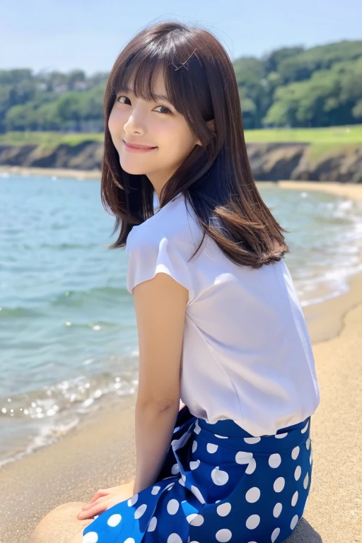 beautiful japanese woman, high teenager, （Detailed model figure：Facing forward, standing on the sand by the sea, Straightening the back, The navel is visible） （Photo Details：Front of the body, full body shot,Camera height is eye level, looking at the camera） （facial details：long eyes, beautiful eyes, Eye pupils are black, looking at the camera, elongated facial contour, Smile a little,sharp cheeks, round chin, clean nose, round chin, Bob cut brown hair） （Body details：Height: 155cm, bust 79cm, Waist 55cm, Hip 85cm, Healthy thighs, barefoot, Rest your left foot, The navel is visible) （detailed costumes：Short-sleeved shirt with large blue polka dots on white fabric, Fluttery white super mini skirt, Skirt length is 30cm）