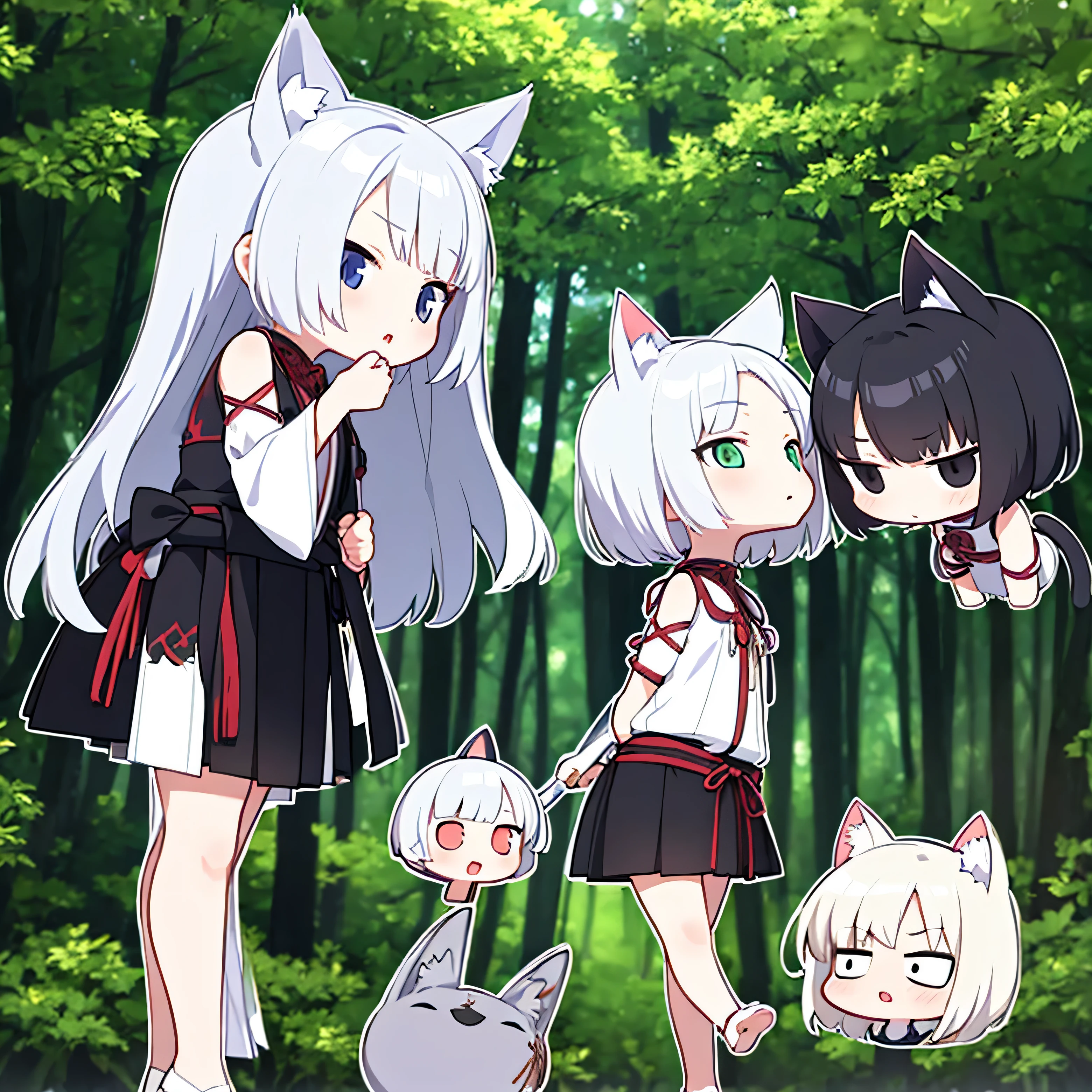 White short hair, Cat's ears, girl, Oriental traditional clothing, Black short skirt, In the woods, Lush trees, 3 head body type, cute characters, SD Character, He has a sword at his waist., Movements and facial expressions that make you stop after discovering something, eyes widen, Front view,