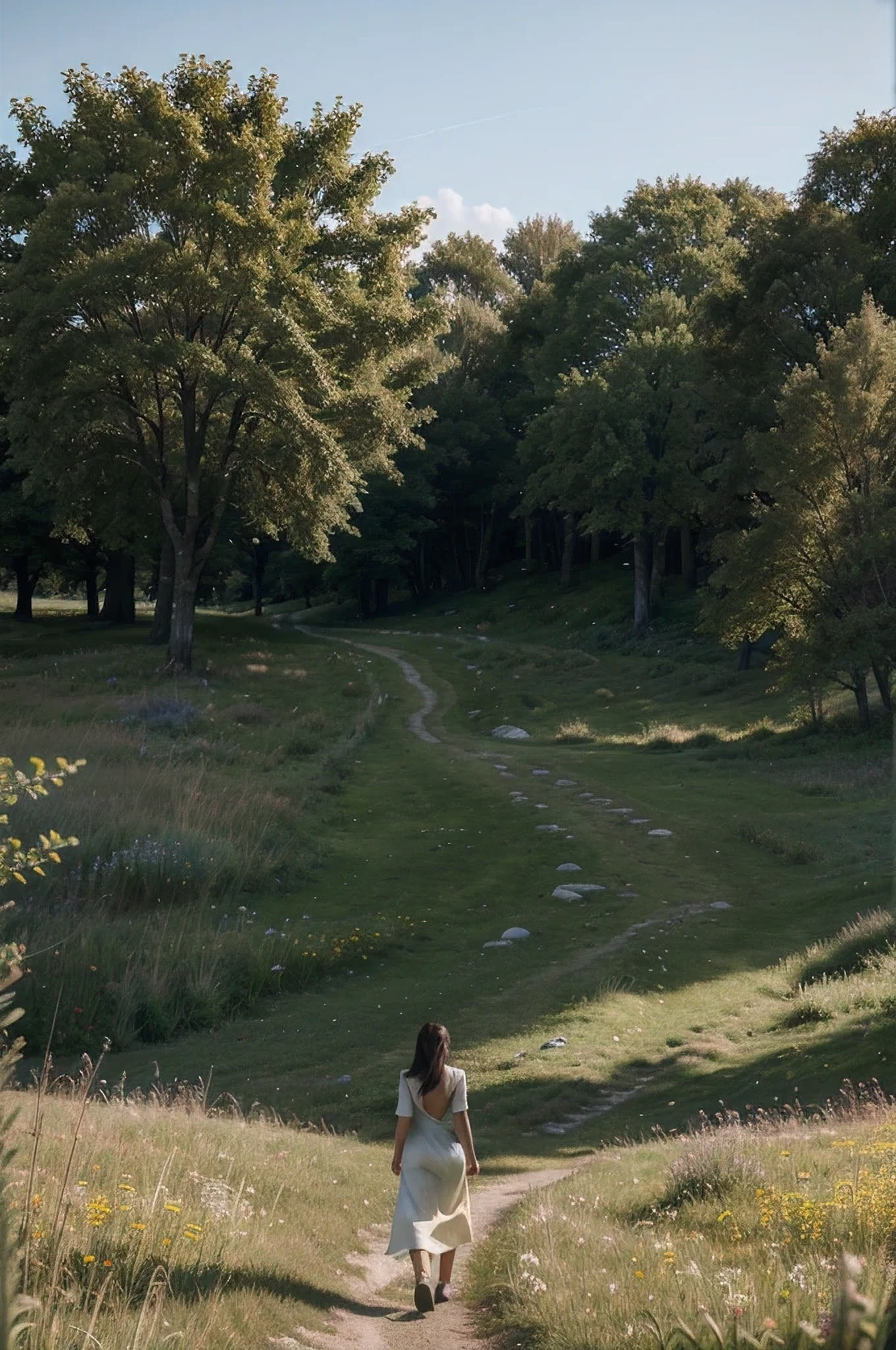 A photorealistic image of a woman walking from behind in a meadow with trees beside her, estreia, motor irreal 5