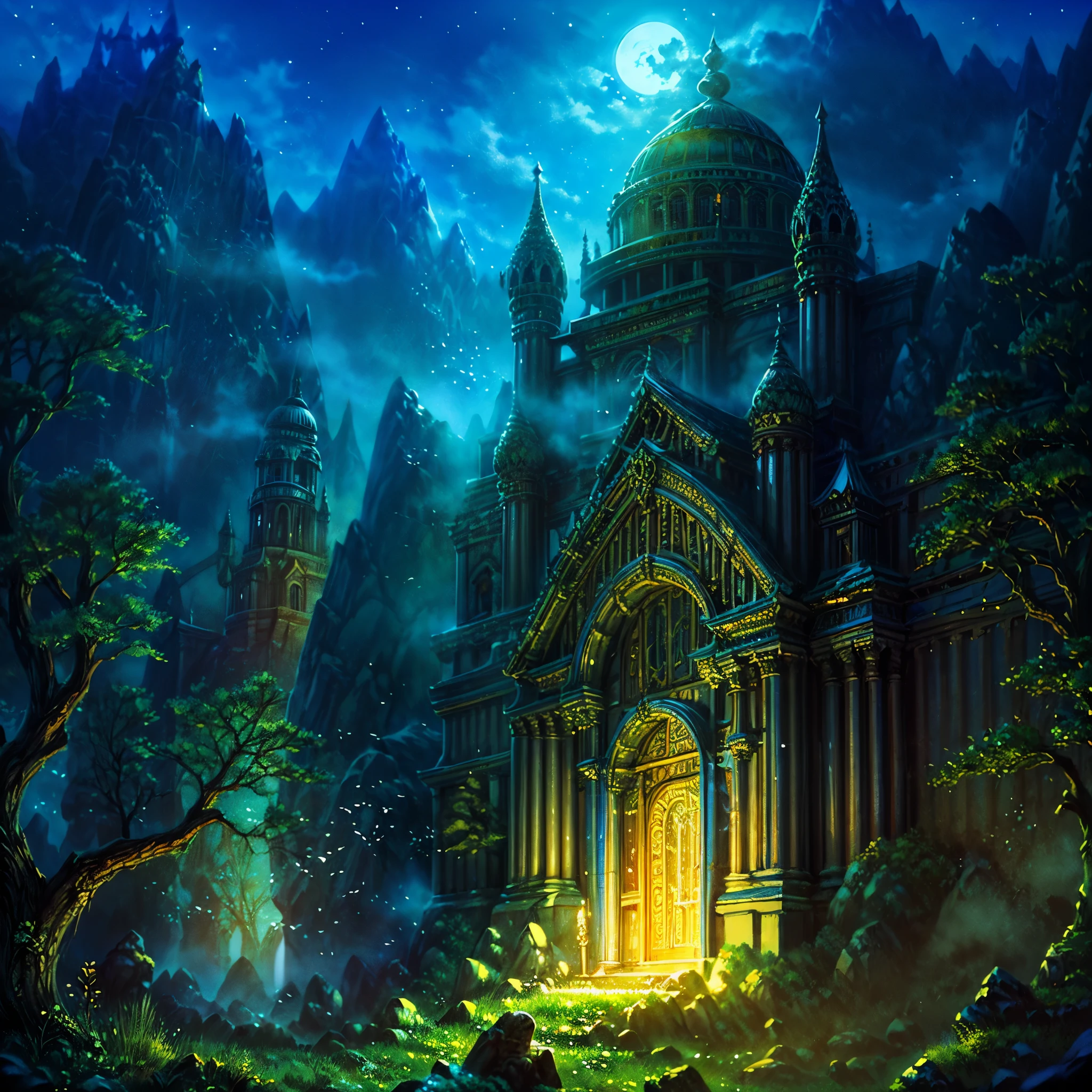 Elven city, spiderweb buildings, mushroom architecture, moonlit scenery, blue light, magical ambience, mystical aura, ethereal beauty, enchanted atmosphere, intricate details, delicate craftsmanship, otherworldly charm, elvish elegance, natural materials, majestic structures, moon's reflection, shimmering webs, luminous fungi, soothing glow, enchanted forest, whimsical design, ethereal illumination, tranquil setting, elven craftsmanship, dreamlike scenery, surreal architecture, mystical elements, immersive environment, magical cityscape, captivating view, moonlit streets, celestial glow, enchanting vibes, tranquil moonlight, fantasy world, elven realm, architectural marvels, mesmerizing aesthetics, sublime elegance, enchanted haven, ethereal glow, whimsical charm