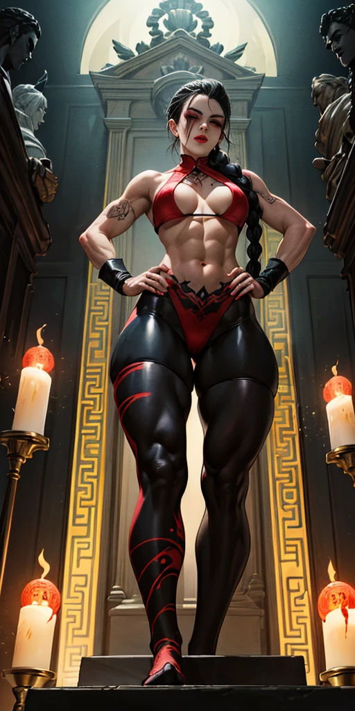 full body female, hands on hips. red tattoo on belly, far shot, from below, large breasts, 1girl, woman, malevolent goddess, (makeup:1.3),(red lipstick:1), (Glowing Hexagrams,Foreboding statues,Black candles:1.3),At a sacrificial altar under a blood moon, bombshell hair, vivid beige hair, long bombshell hair,Fishtail Braid, thicc athletic build, small breasts, chinese