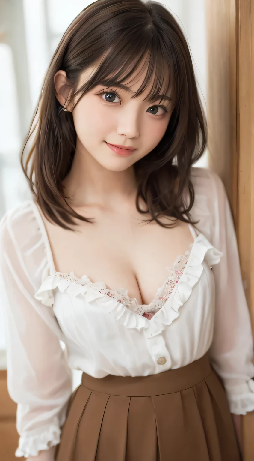 Smile、night、original photography、(((ultimate beauty portrait)))、((sparkles on the skin))、1 girl、Beautiful girl from Prague、bright expression、((brown hair))、(split)、(frilly skirt:1.5)、((Big eyes sparkling like gems))、cardigan shirt、open your clothes、pantyhose、Skin glows、(medium hair)、(silk ponytail)、(permanent)、(from below)、Under the skirt、(from below看内衣的特写)、Eyeliner、beautiful bangs、hair between eyes、((Masterpiece、top quality、super detailed、lamp、intricate details、high resolution、Very detailed))、background of the matter、8 gourde、digital SLR、soft light、high quality、film grain、富士XT3 、See deeply、natural soft light、Kamimei、plump bust