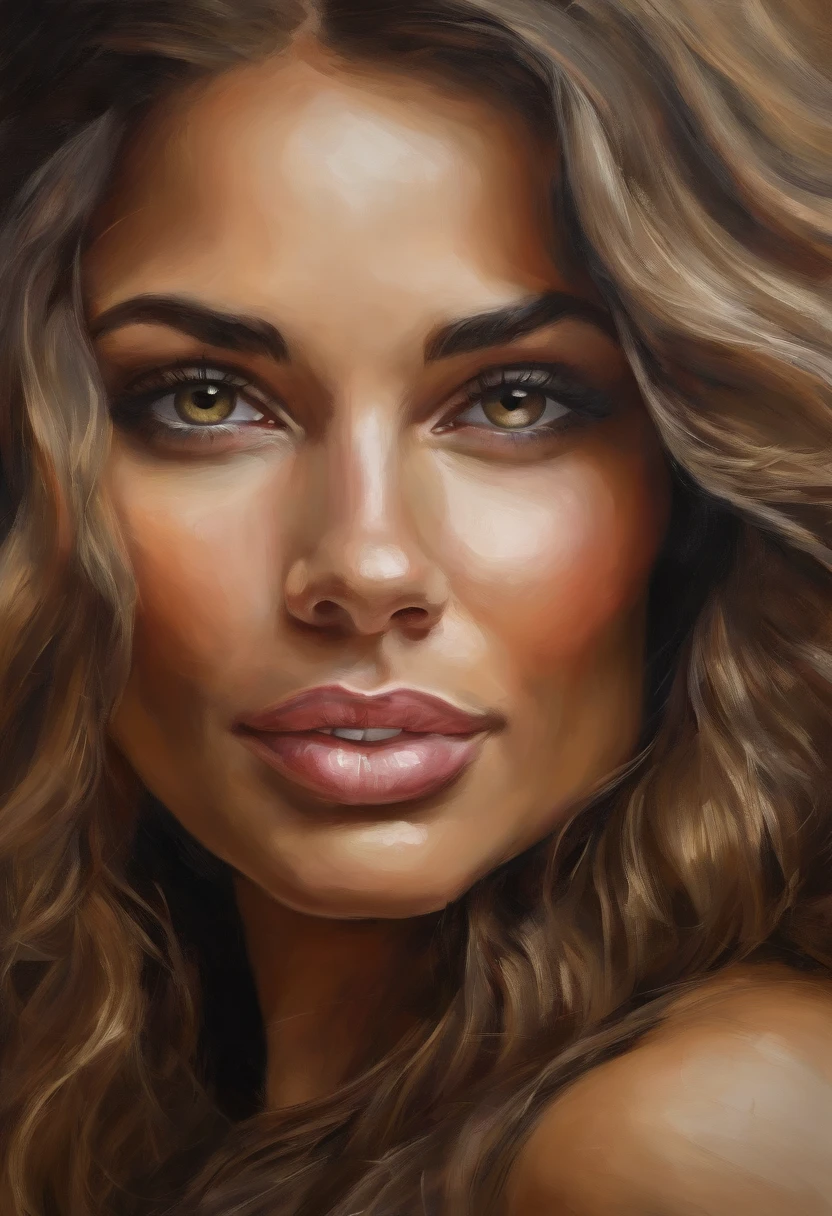 (best quality,4k,8k,highres,masterpiece:1.2),ultra-detailed,(realistic,photorealistic,photo-realistic:1.37),portrait,medium:oil painting,brown hair with blonde highlights flowing down in wavy strands.Black Lace Lingerie enhances the overall look of the composition, adding an alluring and sensual touch. The 30-year-old Iraqi woman has a mesmerizing gaze, characterized by her captivating brown eyes. The intricate details of her eyes reflect a sense of depth and intensity. Her wavy and flowing hair frames her face, complementing her features and adding a touch of elegance. The lighting accentuates the contours of her face and illuminates her radiant complexion. The color palette consists of warm, earthy tones that enhance the overall richness of the painting. The background has a subtle blur, focusing all attention on the woman. The composition exudes a sense of confidence, poise, and beauty.