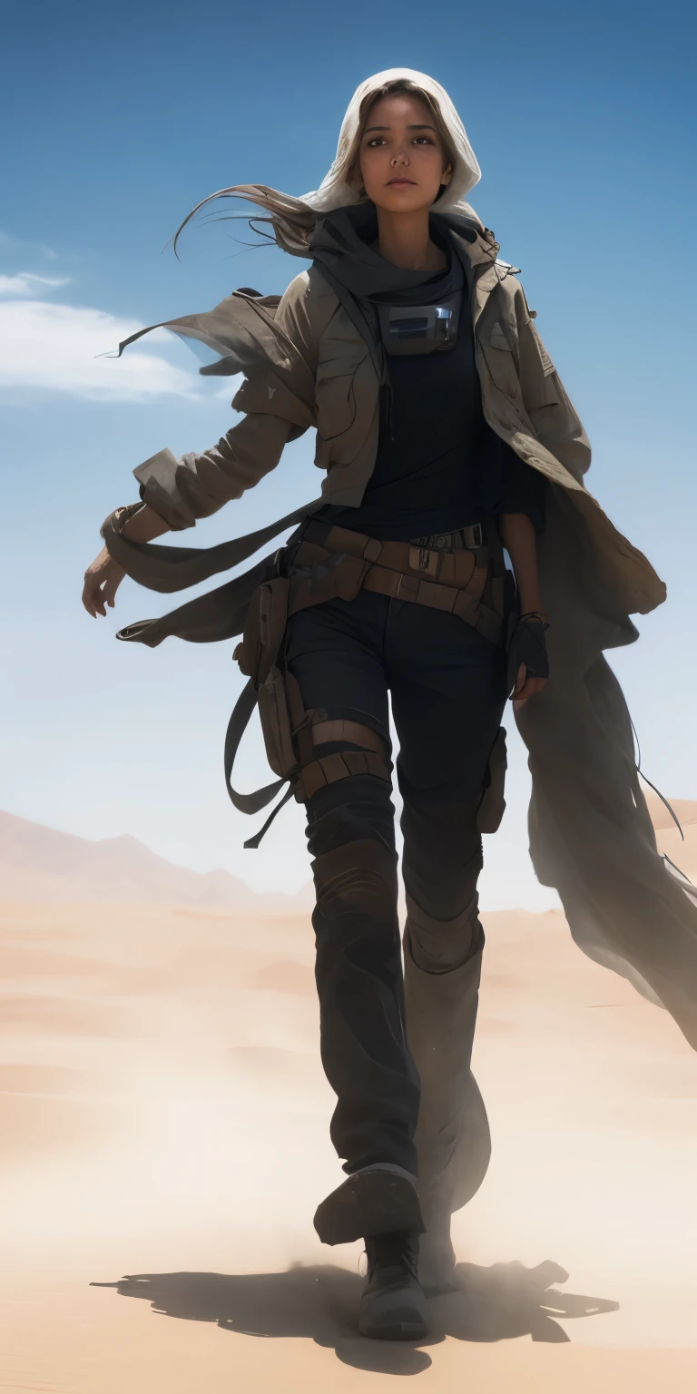 Beautiful lost woman in desert apocalypse, paper, dust, worn clothes, sweat, exhaustion, worn in clothes, swirl, whirl, swirling wind, wind, heat, dirt, blood, tan kahki, impressionism sci-fi master art style 34k resolution hyperdetailed,
