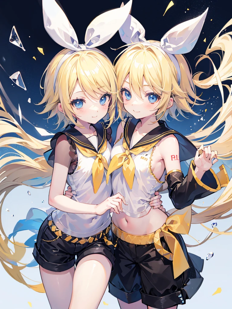 (Len_Kagamine), (Rin_Kagamine), (Kagamine_sibling), blue eyes, blond hair, blush, (sailor uniform), (black short pants), (cowlick hair), (hold hands), smile, couple, cowboy shot big breast