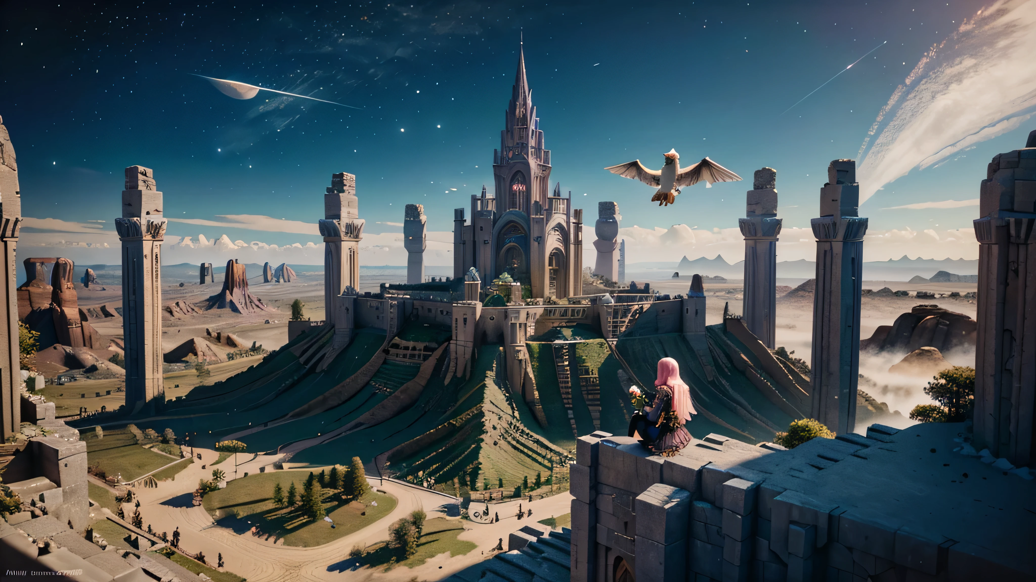 The White Raven Princess searches for the lost Ancient Raven AI in a mysterious space，Mystic Space is a futuristic castle in medieval style，There are a lot of stairs and mechanisms inside，Intricate staircase，Sparkling treasure，A castle built with blocks，Pink space，Dreamy colors，absurderes，It's ridiculous，ultra-realistic realism，tmasterpiece，high qulity，UHD resolution，16k，realisticlying，Very realistic，Epic fairy tale fantasy，Epic futuristic fantasy，Epic surrealism，Monument Valley style, isometric game art, detailed game art illustration, Isometric art, isometric 2 d game art, Neon ancient ruins, incredible isometric screenshot, Art Station Geometry, Detailed game art, isometric voxel art, beeple daily art, 4K detailed digital art