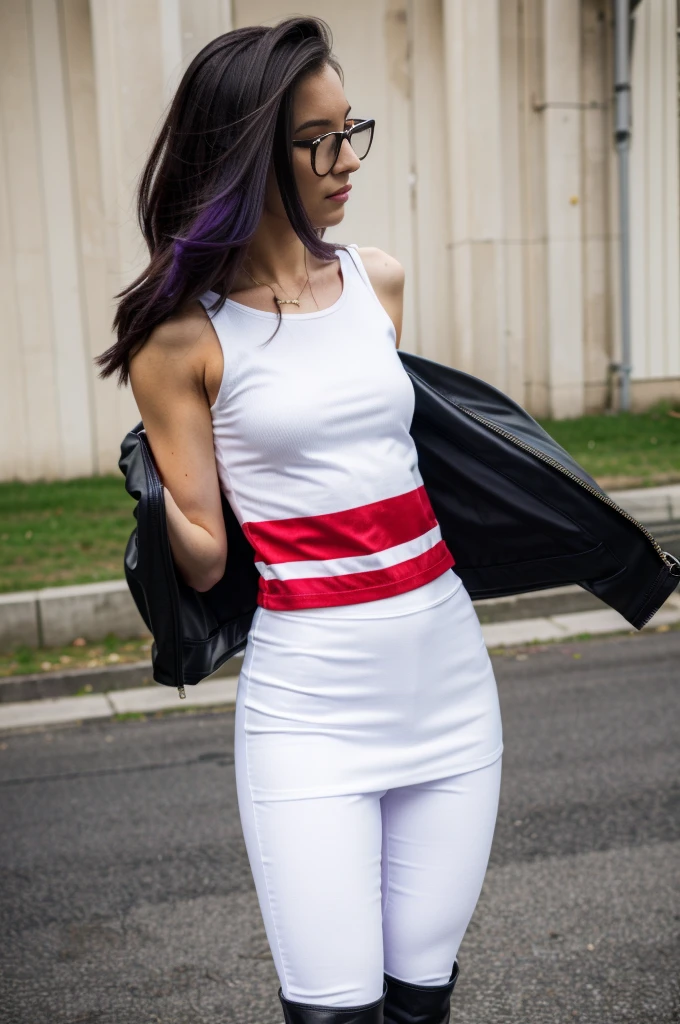 shoulder-length hair, purple hair, white and red striped leggings, open black leather jacket, white shirt, black leather skirt, black knee-high boots, slim, cute, glasses