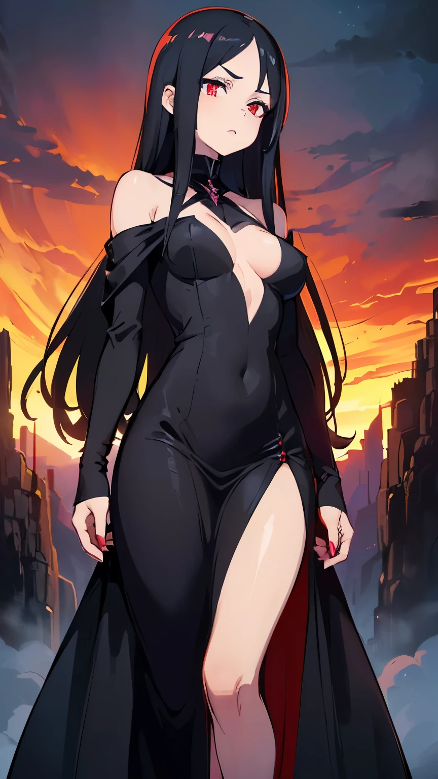 1 girl, (Masterpiece), dynamic lighting, dynamic colors, (scenery), best pose, (fantasy setting), female, (((milf, small head, small eyes, angular face, angular chin, long face, mature face, mature))), (human), (jet black colored hair, long sleek hair, sleek hair, scarlet red colored eyes, glowing eyes), sparkly eyes, (super expressionless, super expressionless eyes, super confident pose, super expressionless expression), (((long dress made out of black smoke, all black dress, black dress, full dress, covered))), (((big breasts))), ((tall, lengthy body, deathly pale, scarlet red lips, slim waist, slim)),