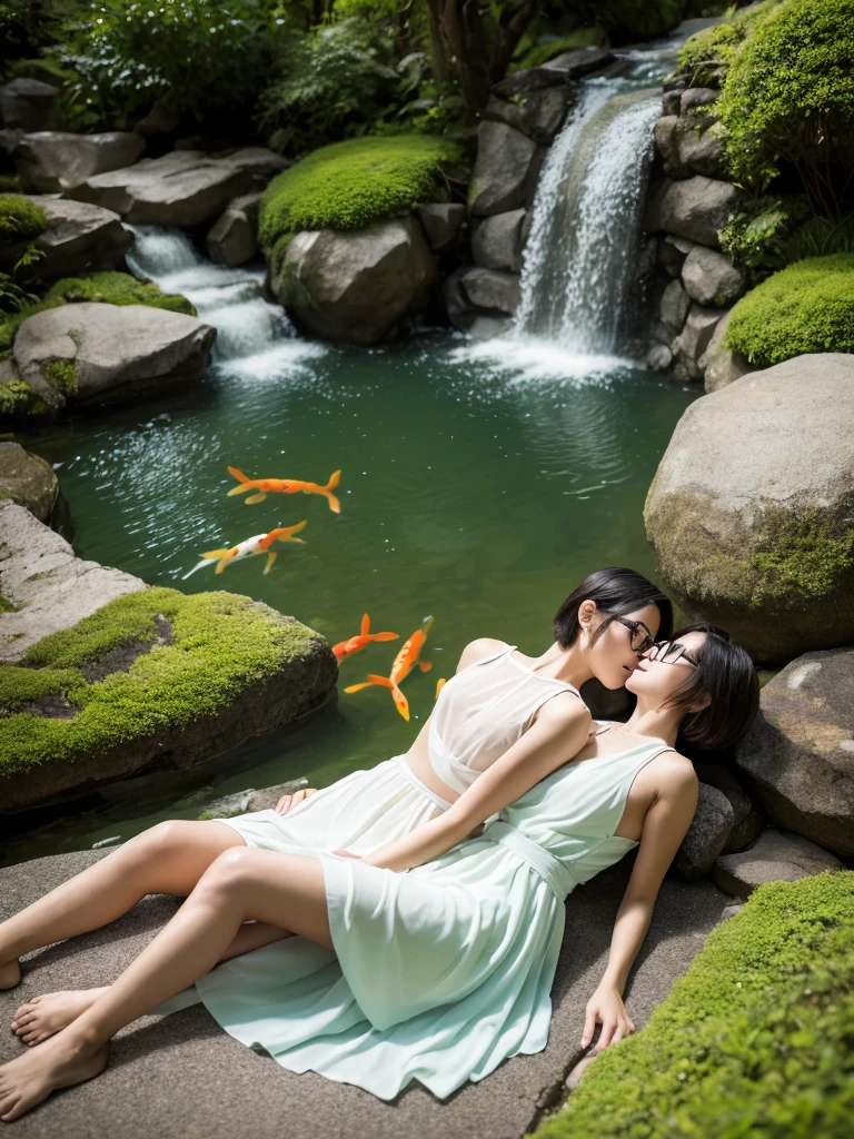 Thai man clear face good figure, and woman with short bob hair eyeglasses. Half sitting, half lying down, They lay down and kissed each other passionately. on the clear water pond with Koi fish green moss, The backdrop is a waterfall. There are flowers on the ground and there are rocks. They wore white linin dresses hyper details natural beauty light, with crisp, sharp focus and high quality, an image that exudes timeless beauty.