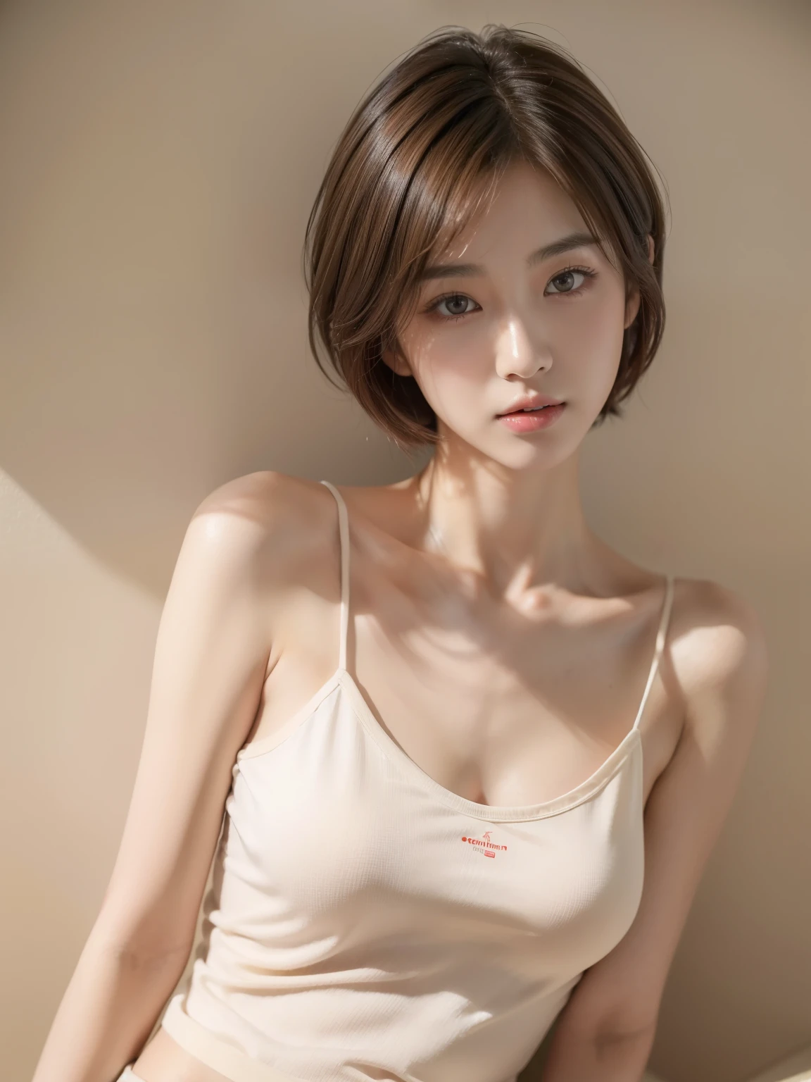 masterpiece, Showing bare armpits:1.5、One beautiful girl, Nipples are visible:1.3、small flat breasts、Fine grain, Cute eyes, quality, 超High resolution, (Realistic: 1.4), RAW Photos, 1. Cute girl, Cinema Lighting,Asian Beauties, South Korea, so beautiful, Beautiful skins, slim, Body facing forward, (Ultra-photorealism), (High resolution), (8k yen), (Very detailed), (Best Illustration), (Beautiful and delicate eyes), (Very detailed), Detailed face, View your viewers,smile, Staring straight ahead, Camisole with underwear showing through, No sleeve,Short fine hair,Blonde,Diagonal bangs,White background,Clean room,