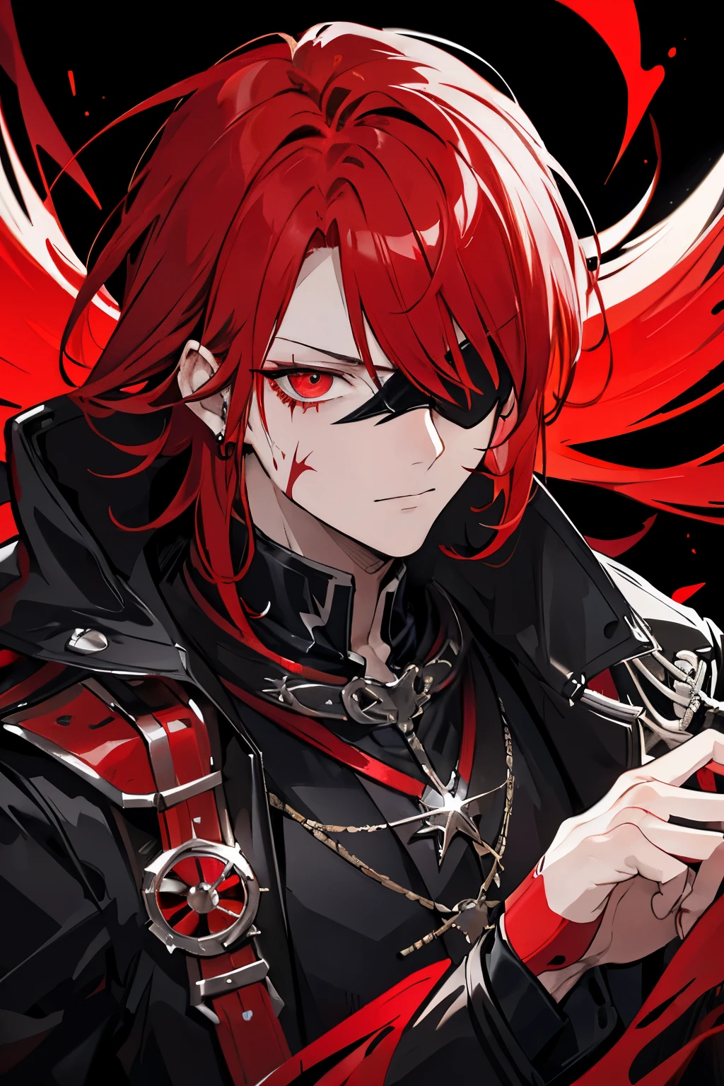 A man with fiery red hair and an intriguing presence wears a black and red suit, accompanied by a distinctive eye patch on his right eye. The eye patch is adorned with a bold white symbol, and beneath it lies a deep scar. The overall appearance exudes an air of mystery and intrigue. (high contrast photography, close-up shot, intense lighting)