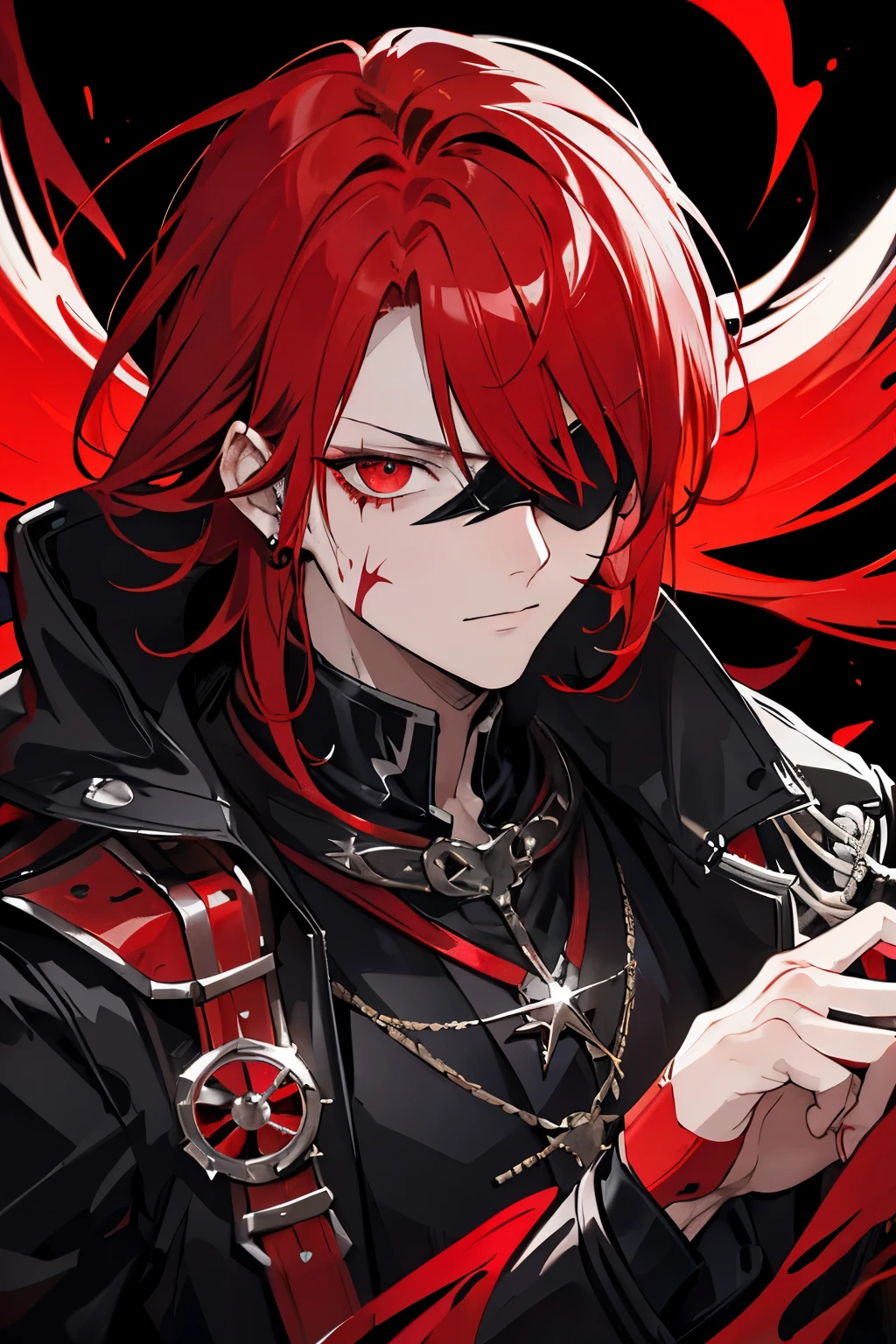 A man with fiery red hair and an intriguing presence wears a black and red suit, accompanied by a distinctive eye patch on his right eye. The eye patch is adorned with a bold white symbol, and beneath it lies a deep scar. The overall appearance exudes an air of mystery and intrigue. (high contrast photography, close-up shot, intense lighting)