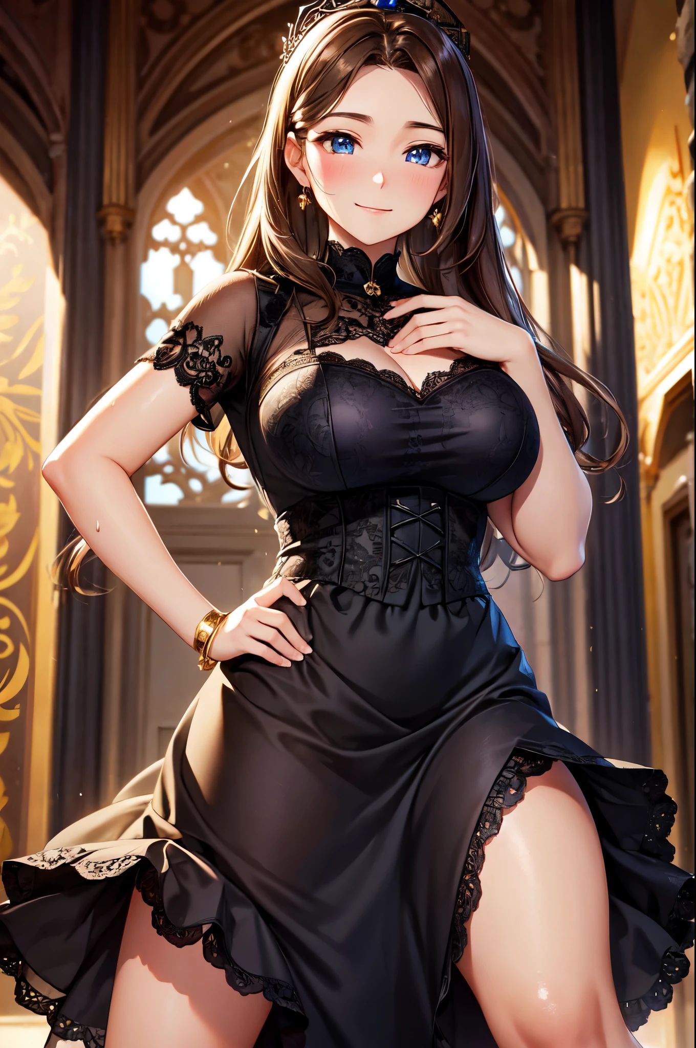 (High quality, High resolution, Fine details), Chalk Palace, BREAK (Black Lace Pannier Dress), Long Skirt, Fine patterns, Divine jewelry, BREAK Gold Tiara, BREAK solo, curvy women, light brown hair, BREAK sparkling eyes, (Detailed eyes:1.2), smile, blush, Sweat, Oily skin, Standing, Knee shot, shallow depth of field