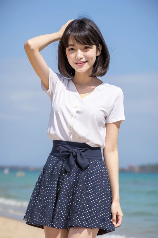 beautiful japanese woman, high ager, (Detailed model figure:face is facing the camera, The body is facing the camera, standing on the sand by the sea, Straightening the back, The navel is visible) (Photo Details:Front of the body, full body shot,Camera height is eye level, looking at the camera) (facial details:long eyes, beautiful eyes, Eye pupils are black, looking at the camera, elongated facial contour, Smile a little,sharp cheeks, round chin, clean nose, round chin, Bob cut brown hair) (Body details:Height: 155cm, bust 79cm, Waist 55cm, Hip 85cm, Healthy thighs, barefoot, Rest your left foot, The navel is visible) (detailed costumes:Short-sleeved shirt with large blue polka dots on white fabric, Fluttery white super mini skirt, Skirt length is 25cm)