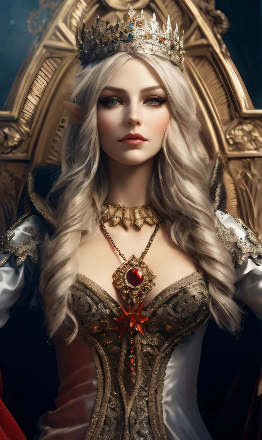 a close up of a woman wearing a crown and a dress, beautiful and elegant elf queen, ornate cosplay, portrait of an elf queen, a beautiful fantasy empress, blonde elvish empress, diablo 4 queen, beautiful vampire female queen, beautiful elf with ornate robes, very beautiful elven top model, beautiful elven princess, epic fantasy art portrait, beautiful elegant demon queen