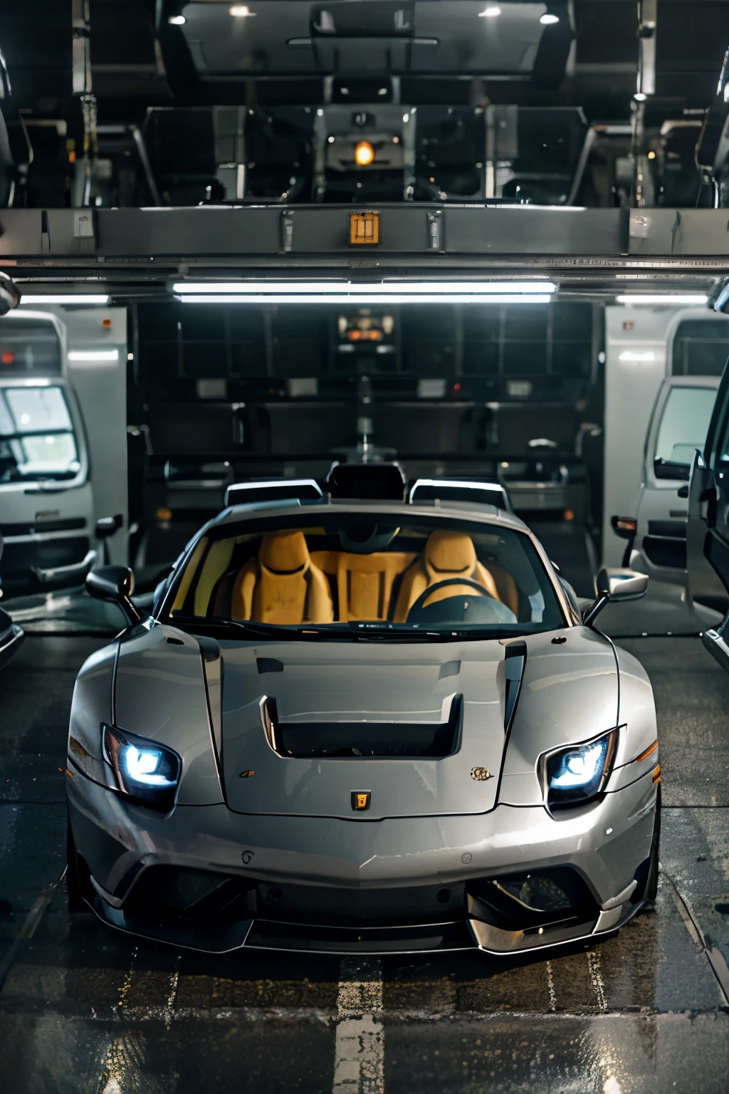 The best car of all time of a super car hybrid of black Ferrari and red Lamborghini with reflection in the water, al estilo de representaciones realistas e hiperdetalladas, elegancia glamorosa, 32k uhd, cobra, bokeh, bronce claro y plateado, leo putz