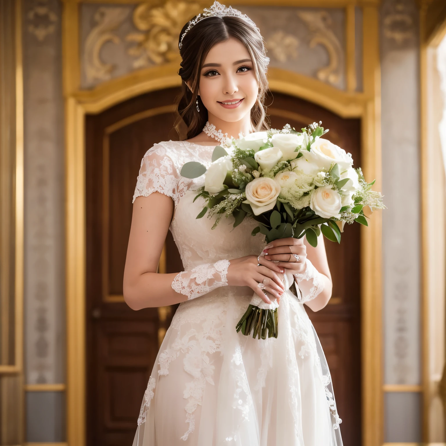 ((highest quality、table top、8K、best image quality、software))、(bulgarian bride:1.2)、((beauty of bulgaria、most luxurious wedding dresses、wedding bouquet、wedding lace、perfect wedding lace、perfect bride、bulgarian bride))、(Against the backdrop of Bulgaria's world-class tourist destinations、Bulgarian world heritage sites:1.3)、cowboy shot、the best smile when you look at me、perfect anatomy、perfect fingers、perfect hands