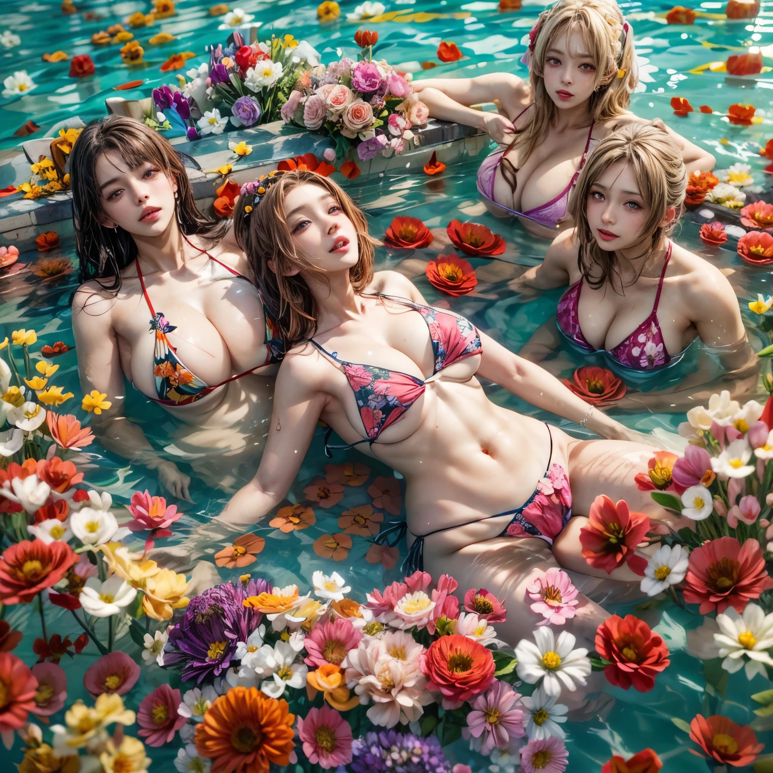 (Full of colorful flowers, White and Red, ((Overhead shot, Top view))), (Acutance:0.85), ((NSFW:-0.95)), (Exposed:1.1), (((nipple:-0.99))) . ((6 girls laying in a pool filled with flower:1.25)), { (Full of flowers covering and surrounding girl's body:1.2) | (Flower Bikini made only from flowers:1.3) }, (((Extremely Detailed KAWAII face variations)) with joyful expressions), { (pretty Ass) | Overflowing sideboob | Overflowing underboob | Hidden hands | Bloody crotch } . Masterpiece of 8K Finest Quality, (Physically-based 3D Rendering with Ultra-detailed:1.2), (((Realistic and Photorealistic with touch of rawness:1.37))) . { wet oiled ivory skin with tanline | Sparkling splash with Rainbow | Mystic sight | God rays | Haze }. (Absolutely filled with flowers), Overflowing flowers, all of water surface is absolutely filled with flowers, Full of flowers .