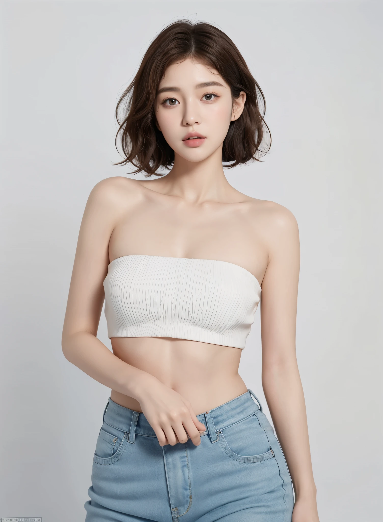 흰색 탱크탑과 청바지를 입은 한국 여성,(In reality, high resolution:1.3, masterpiece, 8K, best quality, ultra detailed ), korean girl, very beautiful face, (photo realistic:1.4), studio shoot,pictorial,photography,realistic eyes, Ultra-Detailed Face, Detailed Lips, normal hand, glossy lips, glossy face, simple background, (((short wavy hair)))