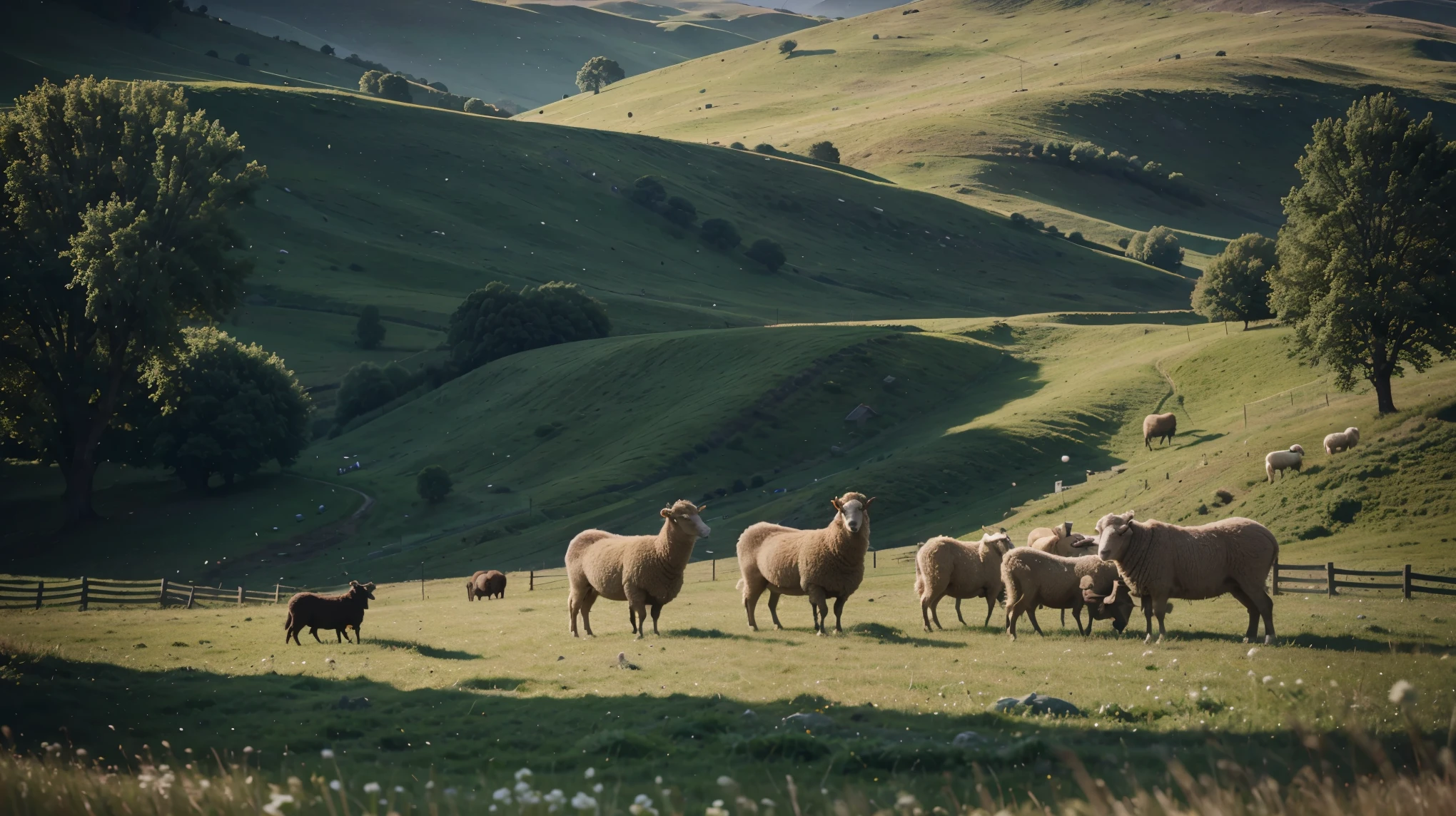 Sheep on the Shepherd, ultra HD photo realism, intricate details, photo taken from Far away, it is a farm with tall Shepherd, green grass and the sheep are grazing and there is a Sheep Shepherd with a stick, a gentle stream next to it. Maximum quality in vivid colors and modern, cinematic images