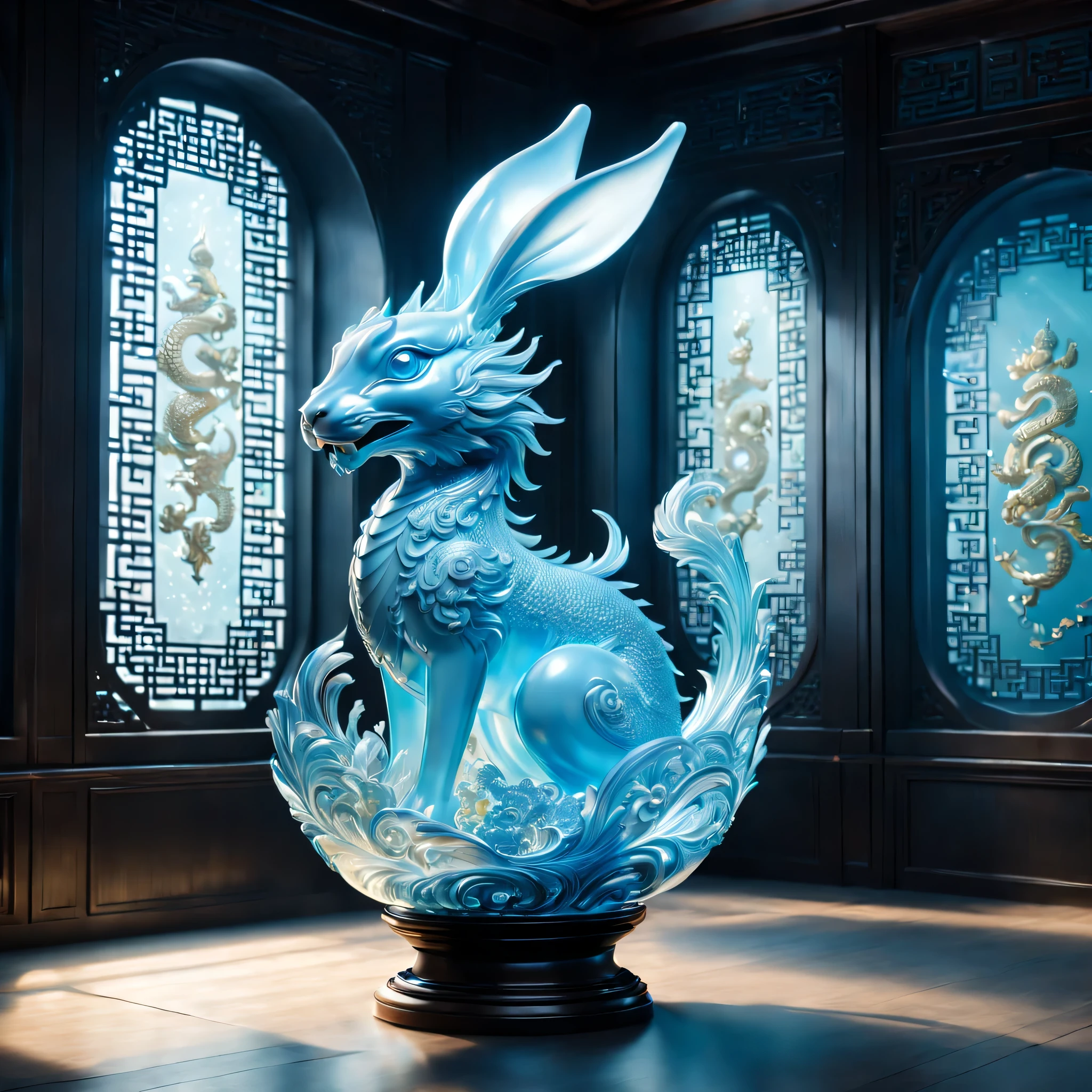 A dragon and rabbit are displayed in an empty room, RococoStyle, Crystal nuclei, Realistic light depiction, interesting and complex, light blue, hidden academia, World pattern,The body of the vase is illuminated by light, RococoStyle, futuristic elements, Crystal nuclei, Chinese iconography, swirl, light blue, giant money sculpture, Futuristic fantasy style, light blue, An intricate underwater world, Realistic light depiction, clear colors, Crystal nuclei, Light cyan and white, An intricate underwater world风格, Crystal nuclei, chinapunk, swirl, light blue, Glowing portrait, light box,(best quality,4K,8k,high resolution,masterpiece:1.2),super detailed,(actual,realistically,lifelike:1.37),extremely detailed glass vase,There is a rabbit on it,super detailedscp神器可以,Complex and gorgeous anime CGI style,Exquisite renderings of the Tang Dynasty,Better than Paul and James Ginn,complex artwork. Guilty car rendering,Complex 8K rendering,8k vray rendering,rendering art,filled with glass. Computer Graphics Association,High quality rendering