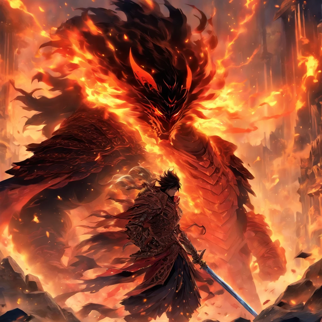 um homem de armadura segurando uma espada na frente de um fogo, por Yang J, handsome guy in the art of killing demons, epic fantasy art style, epic anime art, epic anime fantasy, epic fantasy style art, segurando uma espada flamejante, anime em fantasia estilo, com espada grande, epic fantasy character art, epic fantasy art style hd, Top 25 Fantasy Anime Series