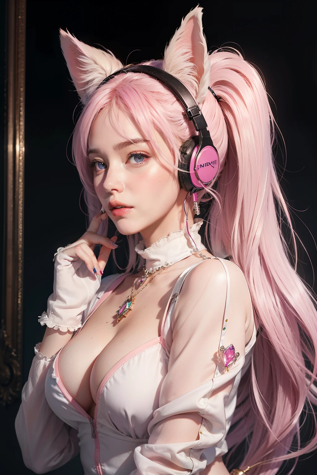 (Photorealistic: 1.4), Best Quality, Ultra High Resolution, 4K, Instagram-worthy, Highly Detailed, Alice (Nikke) is depicted in an exquisitely rendered scene. With her pink bodysuit and animal ears adorned with artificial accents, she dons a pair of white gloves and places on a pair of headphones or a headset. The jacket she wears, also pink, adds an extra layer of allure. Her twintails cascade down her back, framing her pretty face with white hair. Her pink eyes twinkle with joy as she wears a crystal pendant around her neck. Medium-sized breasts and