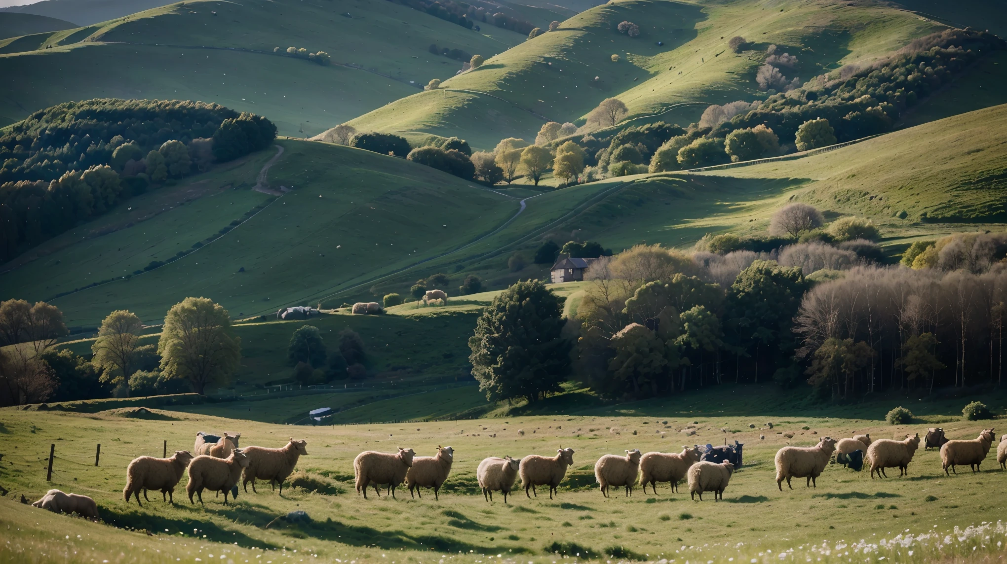 Sheep on the Shepherd, ultra HD photo realism, intricate details, photo taken from Far away, it is a farm with tall Shepherd, green grass and the sheep are grazing and there is a Sheep Shepherd with a stick, a gentle stream next to it. Maximum quality in vivid colors and modern, cinematic images