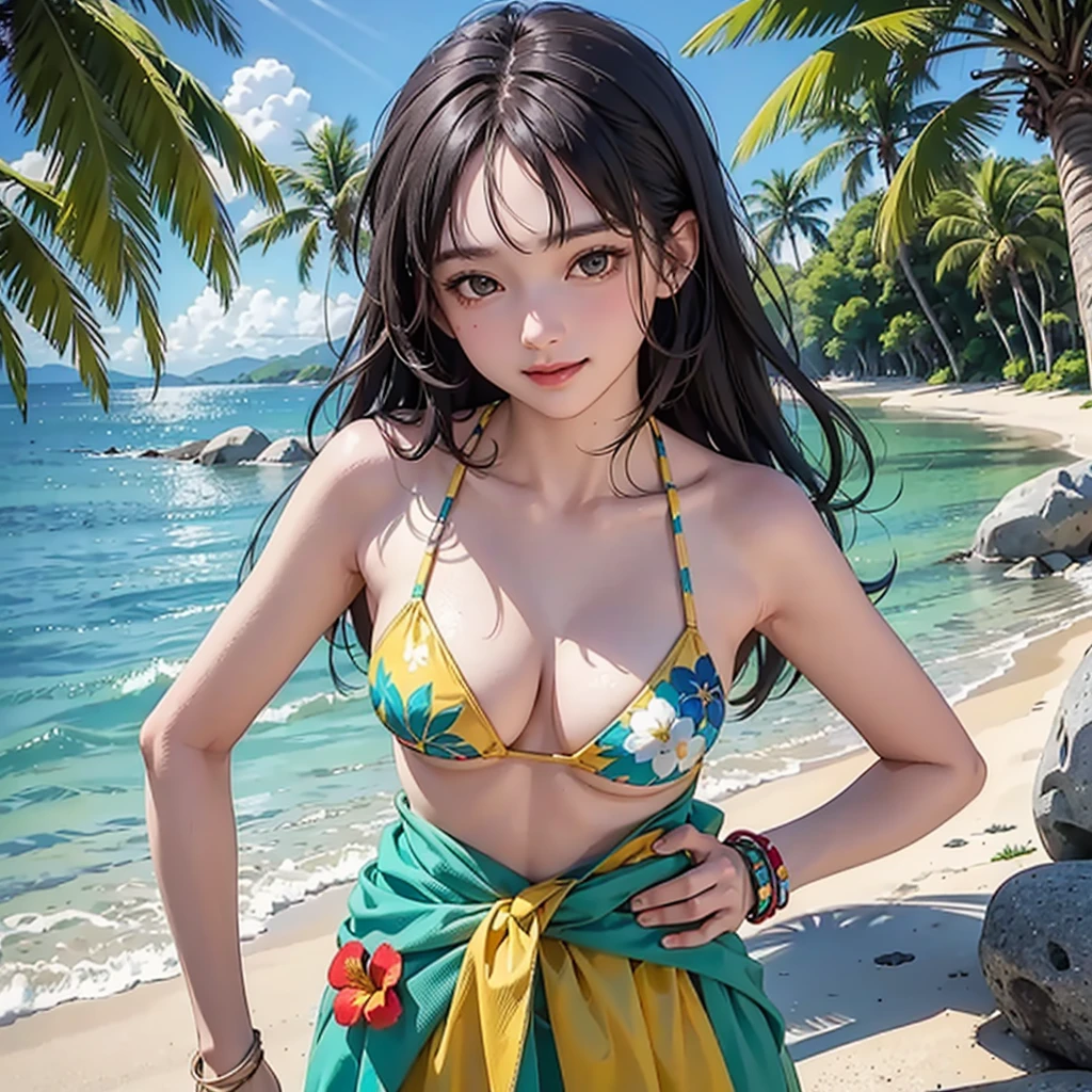 ​masterpiece、top-quality、超A high resolution、 [ 4 k digital art ]!!、 8k high quality detailed art、Wallpaper、 Detailed Digital Anime Art、Realisticity、Cinema Angle、hposing Gravure Idol、((One Beautiful Girl))、cute  face、 (((Detailed depiction of a beautiful face)))、kindly smile、年轻、Bikini swimwear、Photorealistic perfect body、(Bold ethnic patterns wrapped around the waist and skirt and plenty of primary colors)、light Particle、llight rays、Tropical、Against the background of palm trees on both sides、on a sunny beach、Against the background of the sea、blur backgroun、