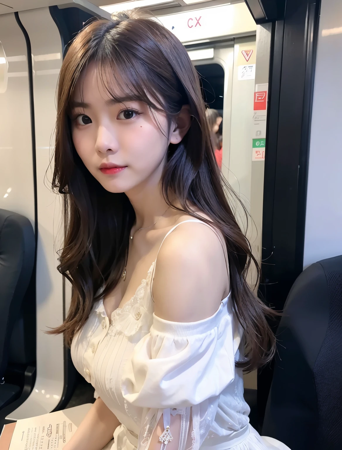 A woman in a white dress sitting on a train, korean girl, gorgeous young korean woman, beautiful south korean woman, beautiful young korean woman, beautiful asian girl, gorgeous chinese model, asian girl, korean woman, young and cute girl, good young girl, cute young woman, cleavage, chinese girl, attractive girl, beautiful asian woman, The innocent look of the girl next door