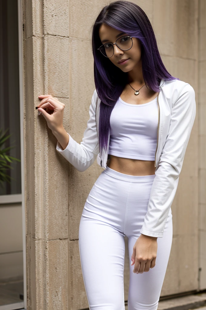 shoulder-length hair, purple hair, white leggings, open black leather jacket, white shirt, black leather mini skirt, black knee-high boots, slim, beautiful, mature, glasses.
