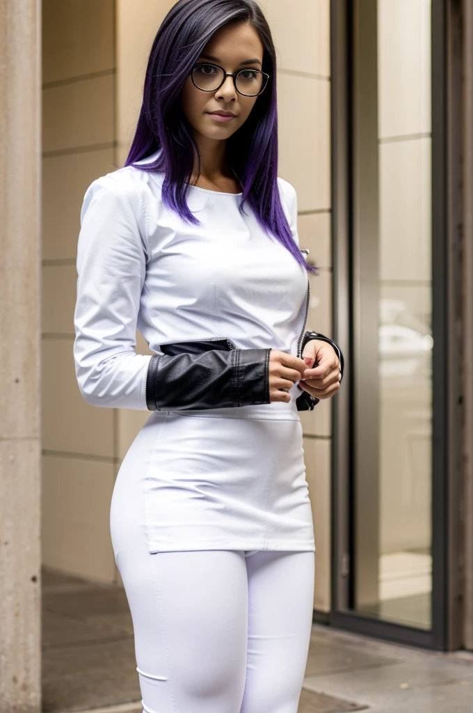shoulder-length hair, purple hair, white leggings, open black leather jacket, white shirt, black leather mini skirt, black knee-high boots, slim, beautiful, mature, glasses.