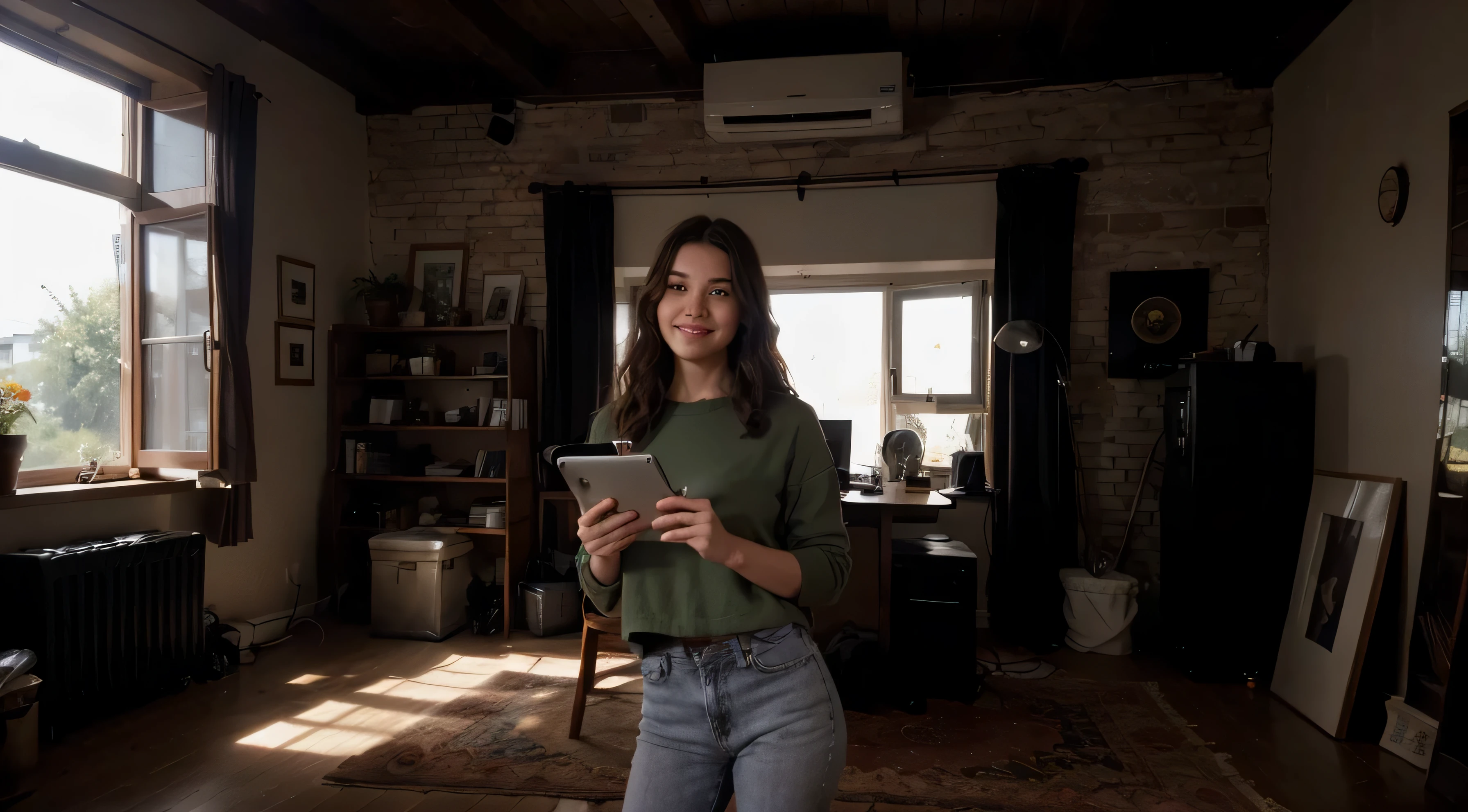 a 22-year-old girl with layered wavy brown hair with a tablet device in her hands, midshot front view, in her studio background, warm and dark environment ((best quality)), ((masterpiece)), (detailed), perfect face, smile, studio room, so many details, warm and dark environment, HD, 4k