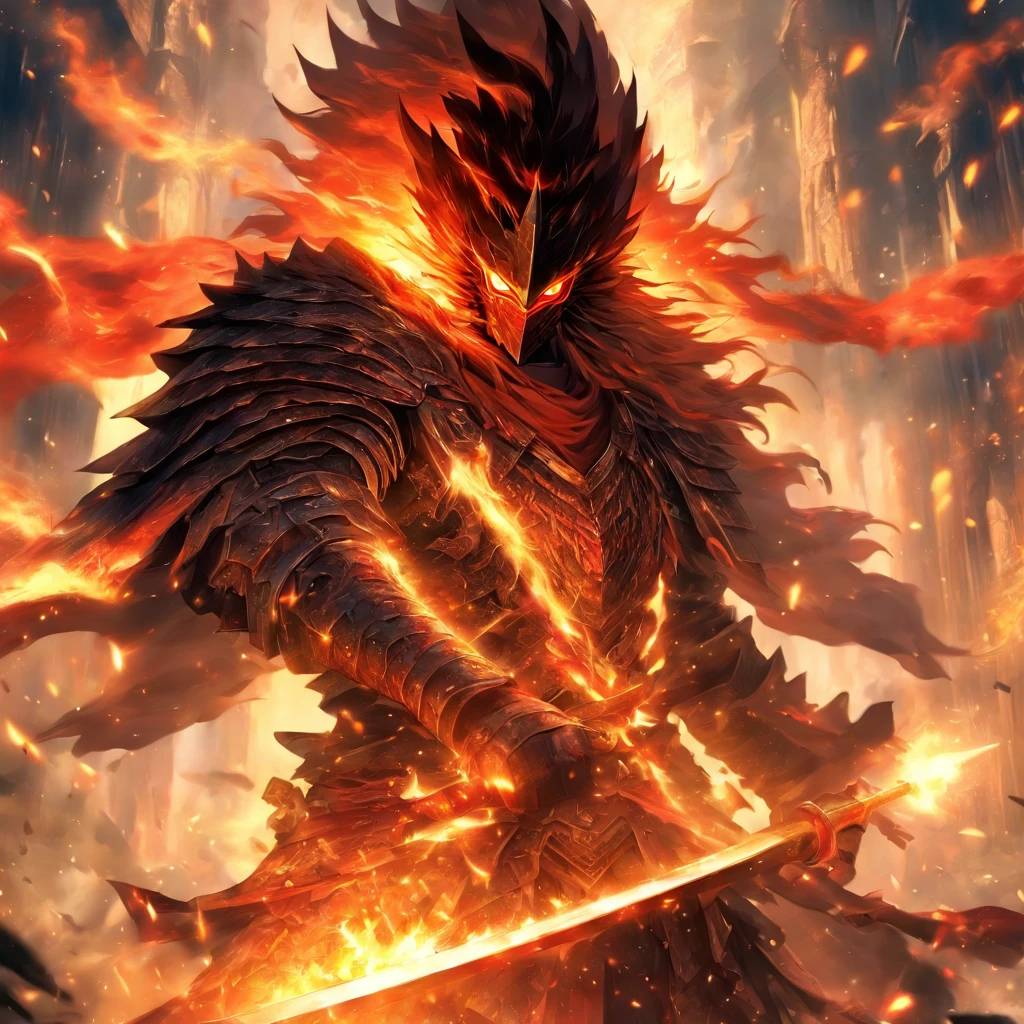 um homem de armadura segurando uma espada na frente de um fogo, por Yang J, handsome guy in the art of killing demons, epic fantasy art style, epic anime art, epic anime fantasy, epic fantasy style art, segurando uma espada flamejante, anime em fantasia estilo, com espada grande, epic fantasy character art, epic fantasy art style hd, Top 25 Fantasy Anime Series