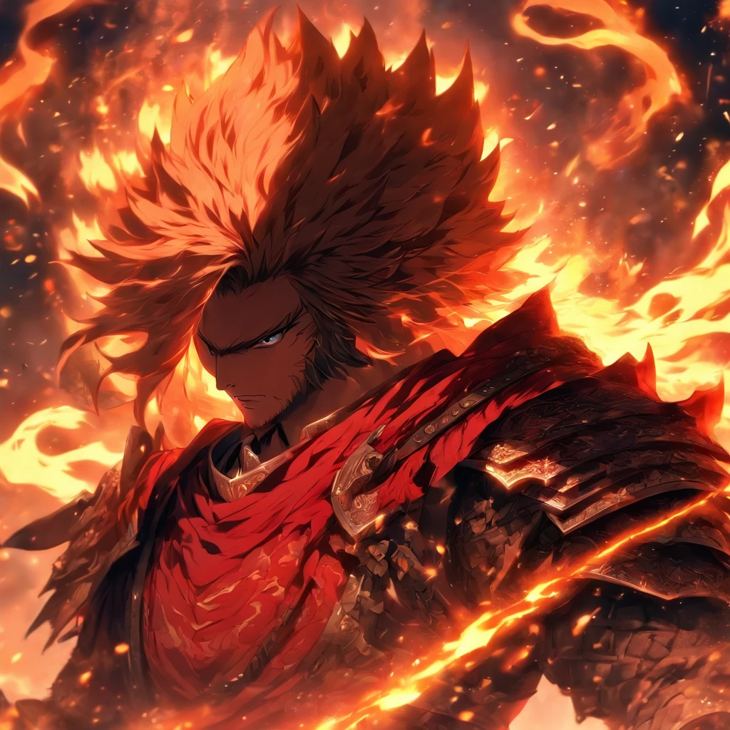 um homem de armadura segurando uma espada na frente de um fogo, por Yang J, handsome guy in the art of killing demons, epic fantasy art style, epic anime art, epic anime fantasy, epic fantasy style art, segurando uma espada flamejante, anime em fantasia estilo, com espada grande, epic fantasy character art, epic fantasy art style hd, Top 25 Fantasy Anime Series