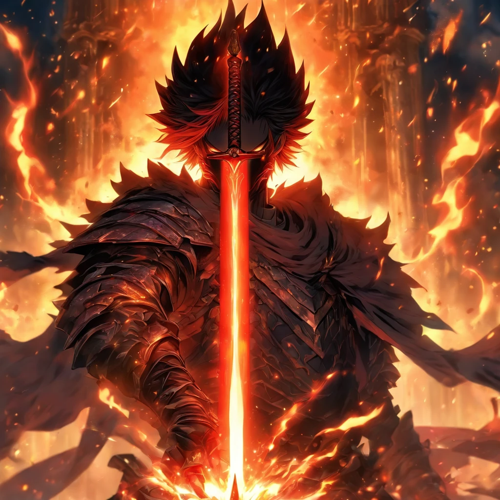 um homem de armadura segurando uma espada na frente de um fogo, por Yang J, handsome guy in the art of killing demons, epic fantasy art style, epic anime art, epic anime fantasy, epic fantasy style art, segurando uma espada flamejante, anime em fantasia estilo, com espada grande, epic fantasy character art, epic fantasy art style hd, Top 25 Fantasy Anime Series