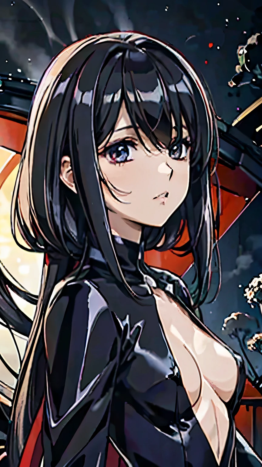 1 girl, (Masterpiece), dynamic lighting, dynamic colors, (scenery), best pose, (fantasy setting), female, (((milf, small head, small eyes, angular face, angular chin, long face, mature face, mature))), (human), (jet black colored hair, long sleek hair, sleek hair, scarlet red colored eyes, glowing eyes), sparkly eyes, (super expressionless, super expressionless eyes, super confident pose, super expressionless expression), (((long dress made out of black smoke, all black dress, black dress, full dress, covered))), (((big breasts))), ((tall, lengthy body, deathly pale, scarlet red lips, slim waist, slim)),