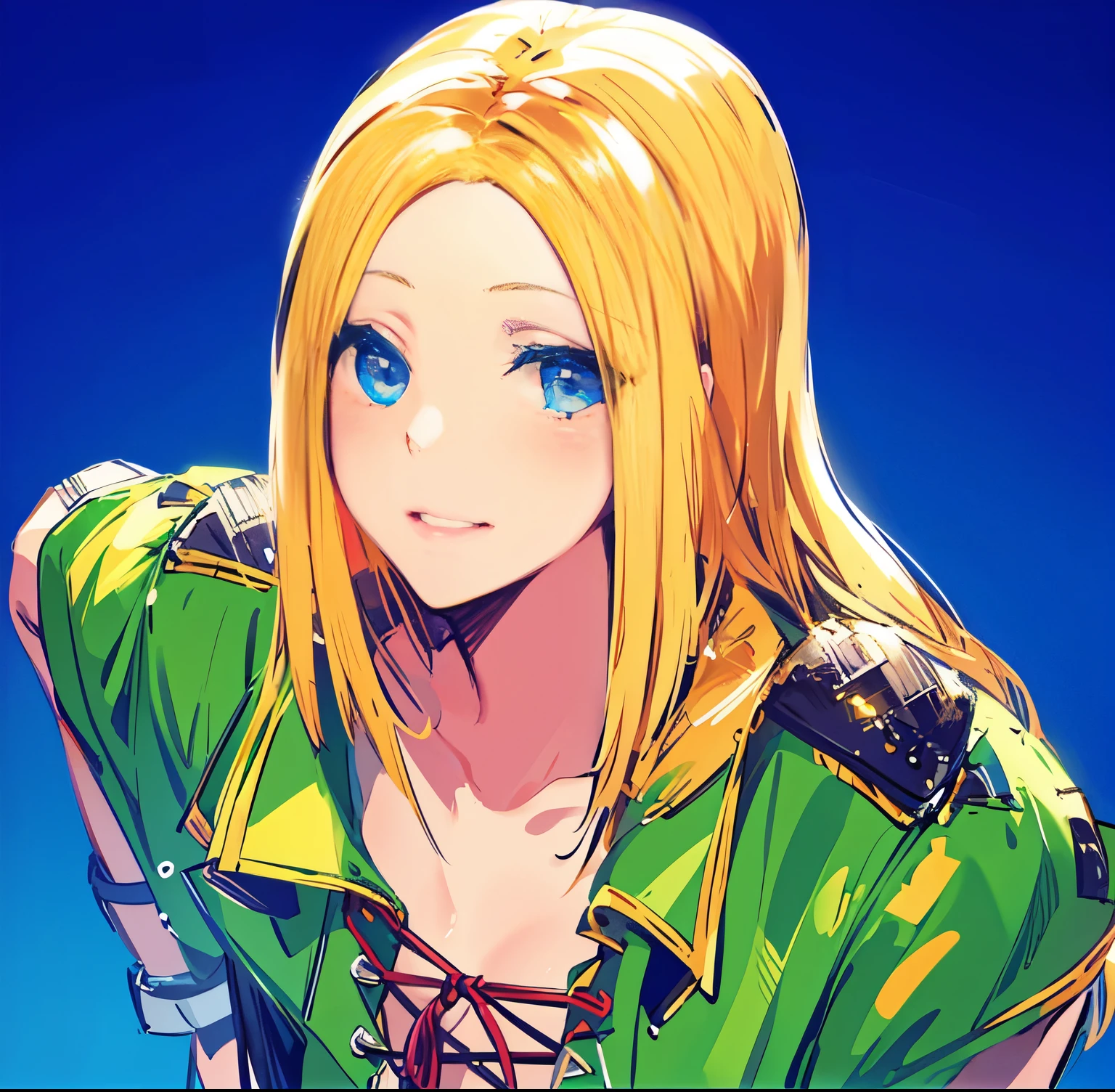 1 girl, alone,、highest quality, realistic, Super delicate illustration, Beautiful charming anime girl, blonde、 one girl, a photo of girl, full body shot, green shirt