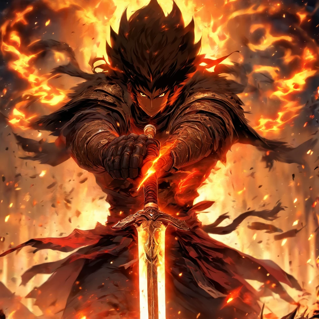 um homem de armadura segurando uma espada na frente de um fogo, por Yang J, handsome guy in the art of killing demons, epic fantasy art style, epic anime art, epic anime fantasy, epic fantasy style art, segurando uma espada flamejante, anime em fantasia estilo, com espada grande, epic fantasy character art, epic fantasy art style hd, Top 25 Fantasy Anime Series