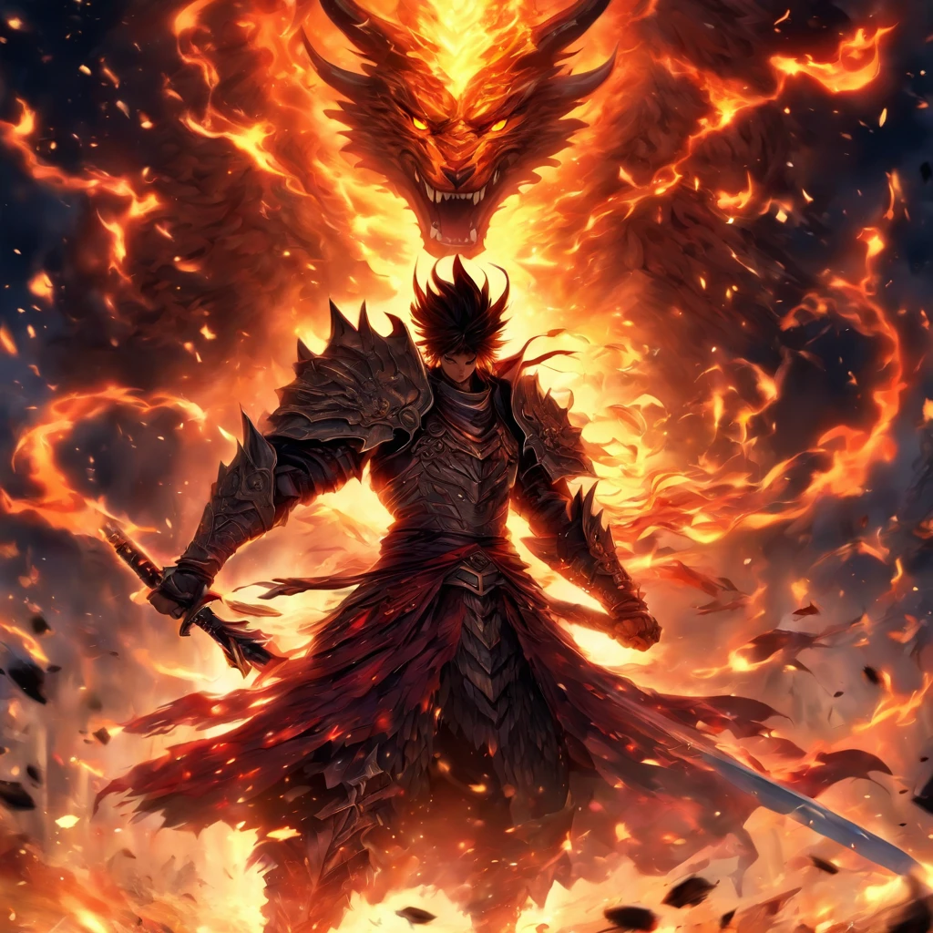 um homem de armadura segurando uma espada na frente de um fogo, por Yang J, handsome guy in the art of killing demons, epic fantasy art style, epic anime art, epic anime fantasy, epic fantasy style art, segurando uma espada flamejante, anime em fantasia estilo, com espada grande, epic fantasy character art, epic fantasy art style hd, Top 25 Fantasy Anime Series