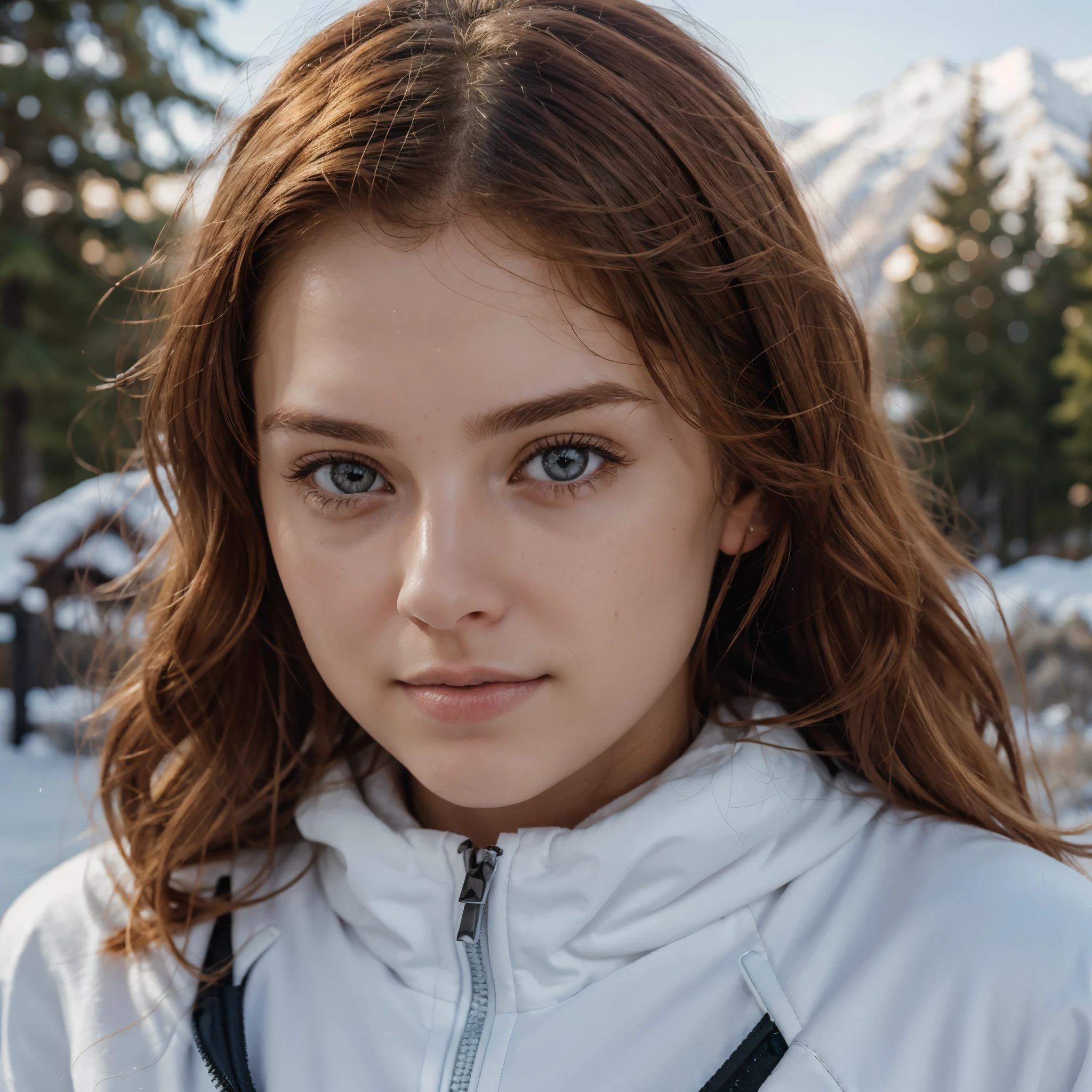 RAW uhd portrait of 24-year-old blonde close-up, Natural red hair, castles, Wavy, (brown-eyed woman) at ski pass wearing snowboarding gear looking cute posing modeling (cutout), Detailed (textures!, Hair!, brightness, Color!, imperfections:1.1), High detail of light eyes, (looking at the camera), specular lighting, dslr, ultra quality, sharp-focus, Sharp, Depth of field, Film grain, (centered), Fujifilm XT3, Crystal clear, The center of the frame, cute face, sharp-focus, bokeh, (dimly lit), Low key, in day, (day sky).
