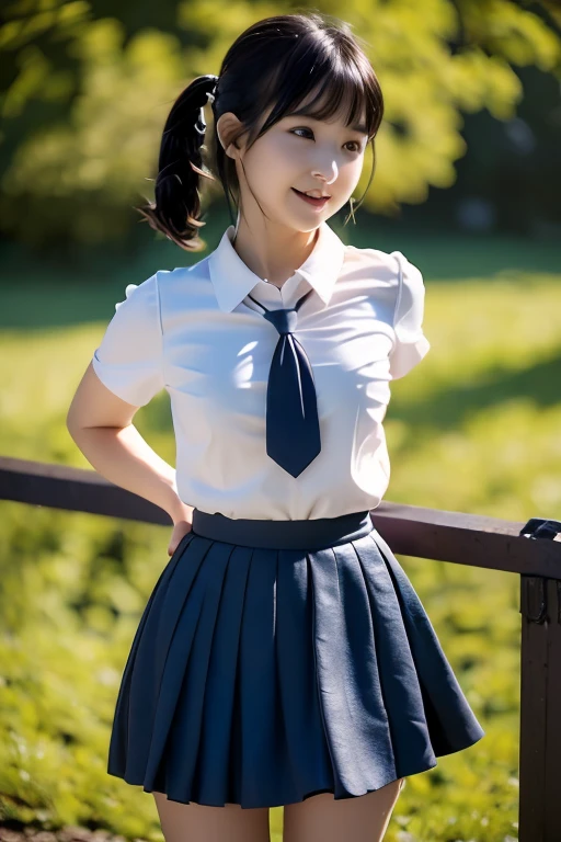 ((white short sleeve blouse、ultra mini pleated skirt、dark blue)), ((red tie))、 ((black boots))、((whole body esbion))、((side shot))、((、small and flat chest))、Beautiful girl with realistic black eyes, white skin, medium length black hair, perfect face, perfect eyes, very detailed, comprehensive movie, digital painting, 8K, cinematic lighting, highest quality, High resolution, detailed work, Post-processing, perfect results, surreal、Little dance、Frolic、My heart is excited